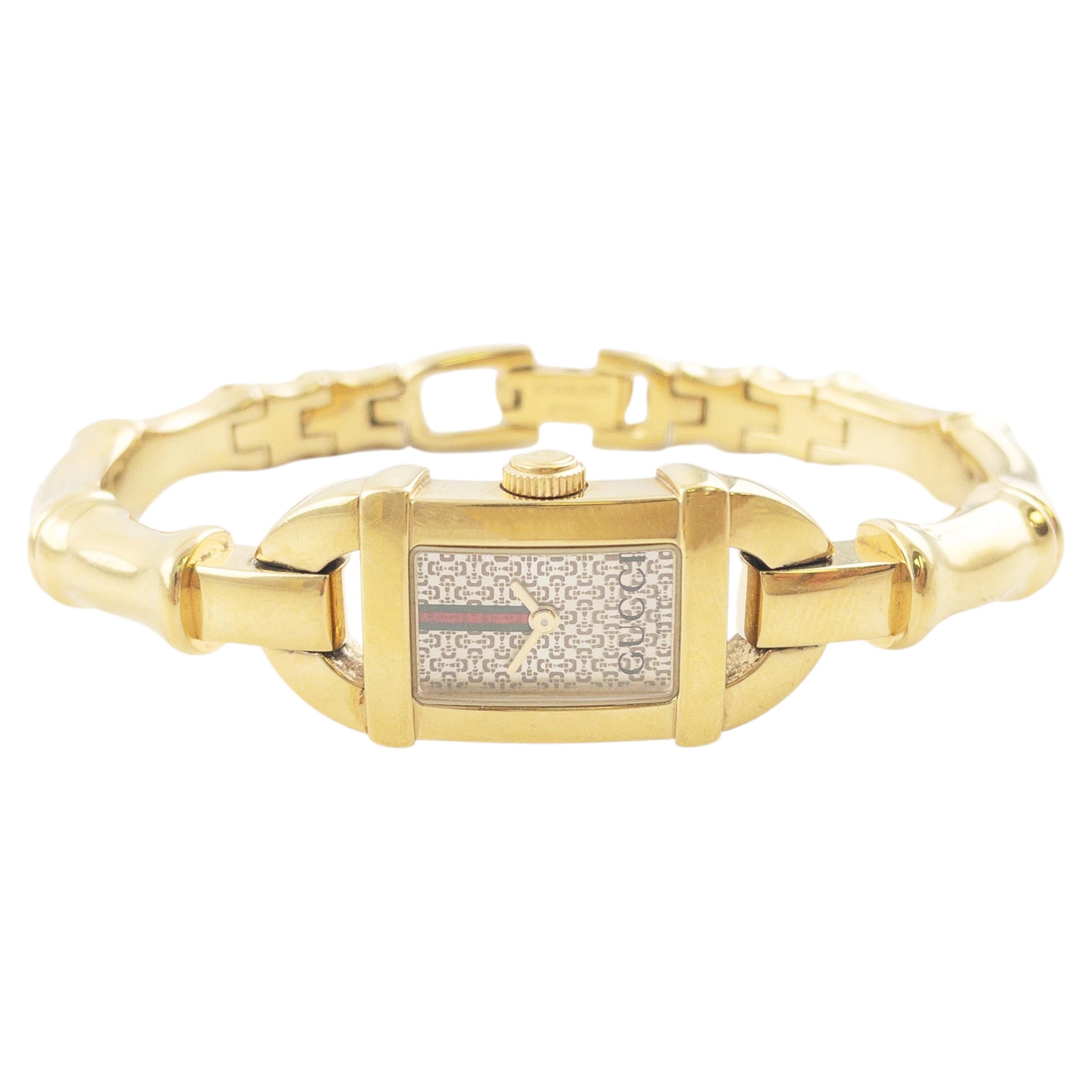 1990's Gucci Gold Plated Ladies Quartz Watch with Bamboo Style Strap For Sale
