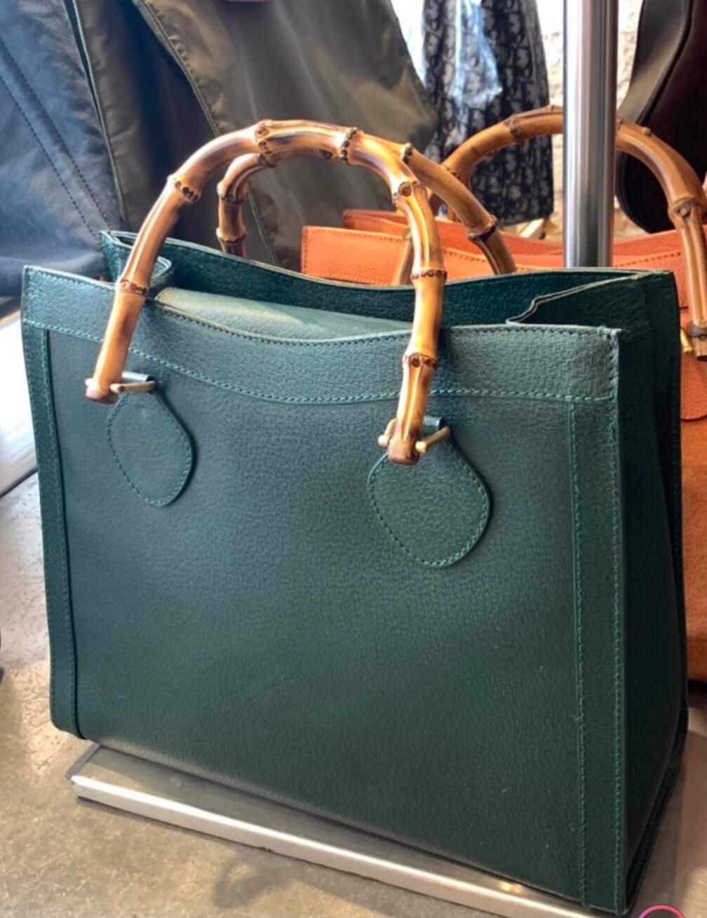 1990s GUCCI Green Leather Bamboo Tote Princess Diana Tote 4