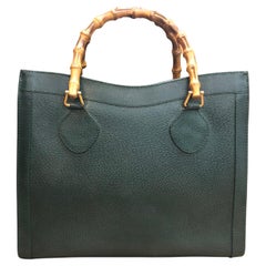 1990s Retro GUCCI Hunter Green Leather Bamboo Tote Princess Diana Tote Bag