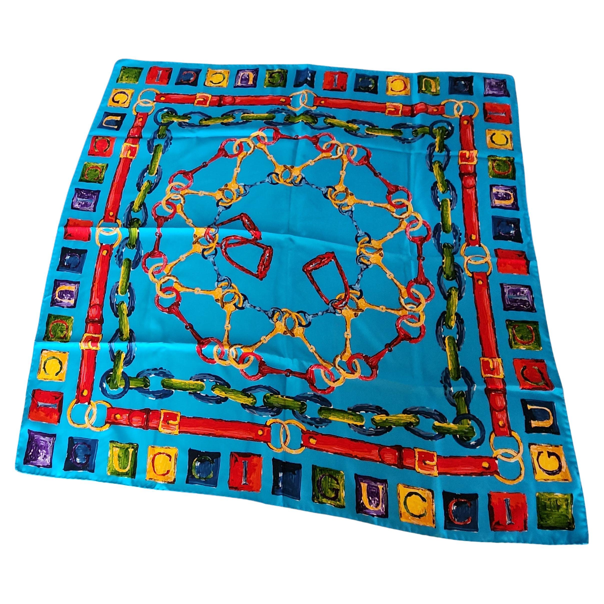 Seta Sciarpa Gucci anni '90 in seta italiana blu equestre in vendita