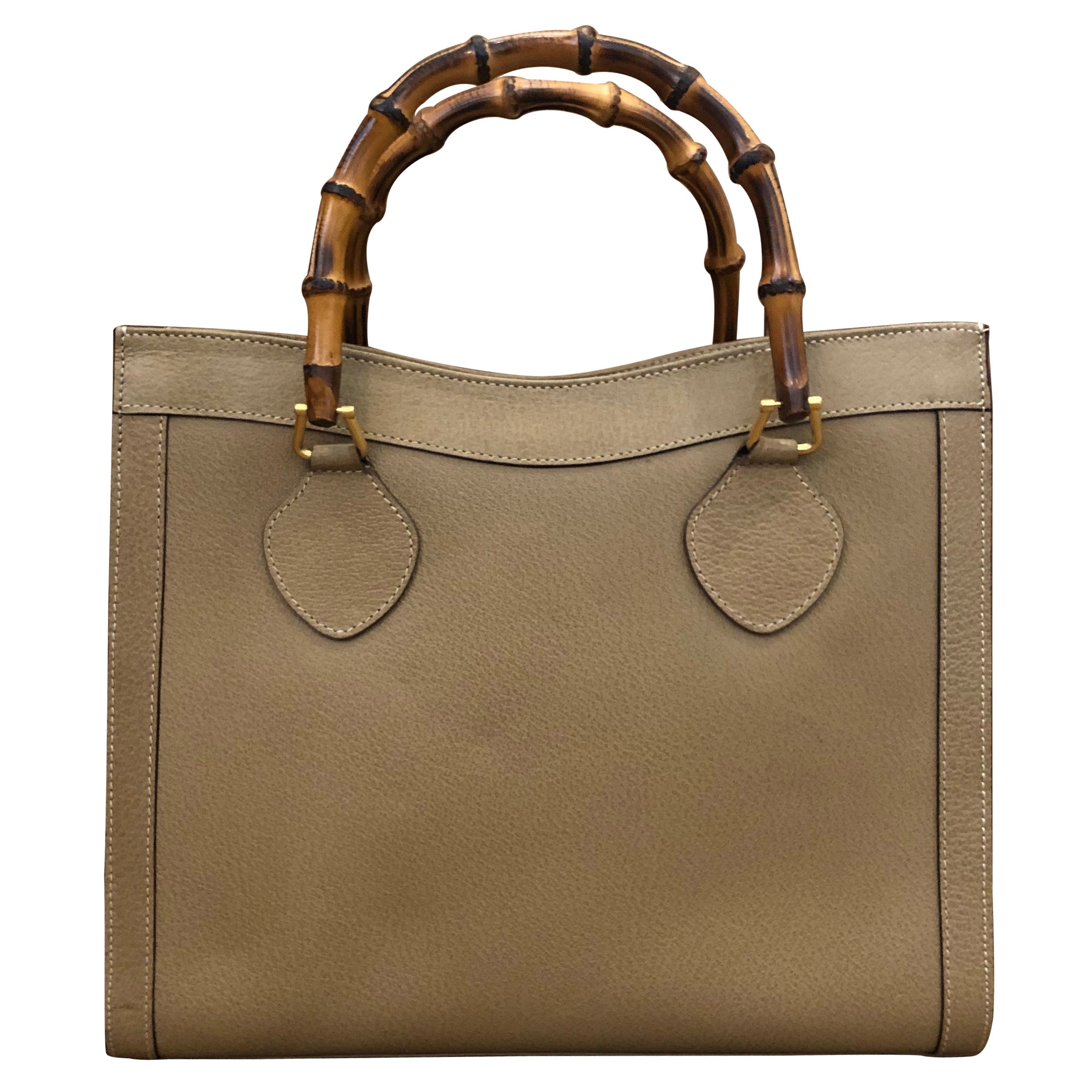 1990er Gucci Khaki Leder Bamboo Tote Prinzessin Diana Tote (Medium)