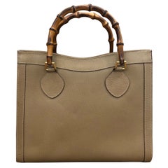 1990s Gucci Khaki Leather Bamboo Tote Princess Diana Tote (Medium)