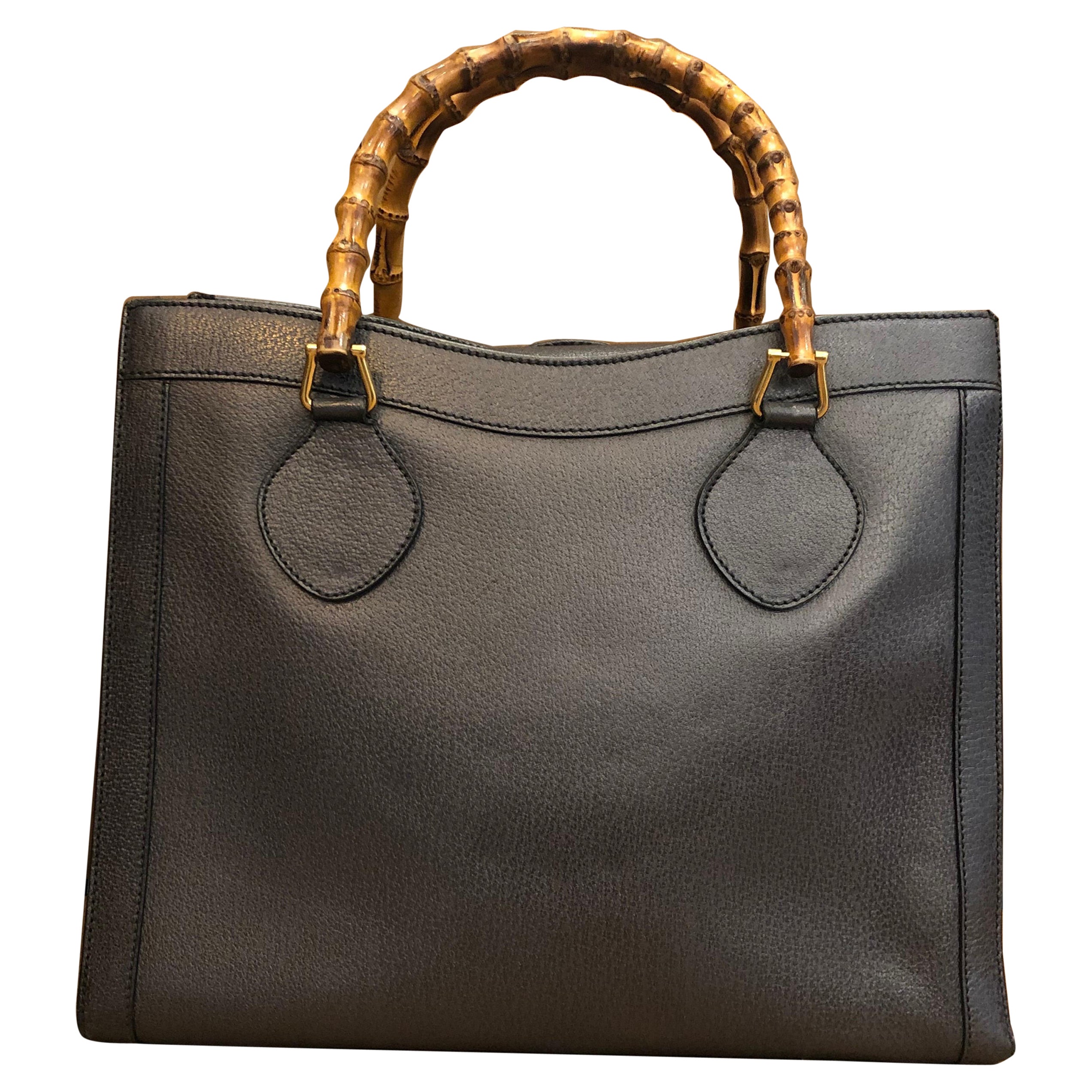 1990s GUCCI Leather Bamboo Tote Diana Tote Bag Graphite Grey (Medium)