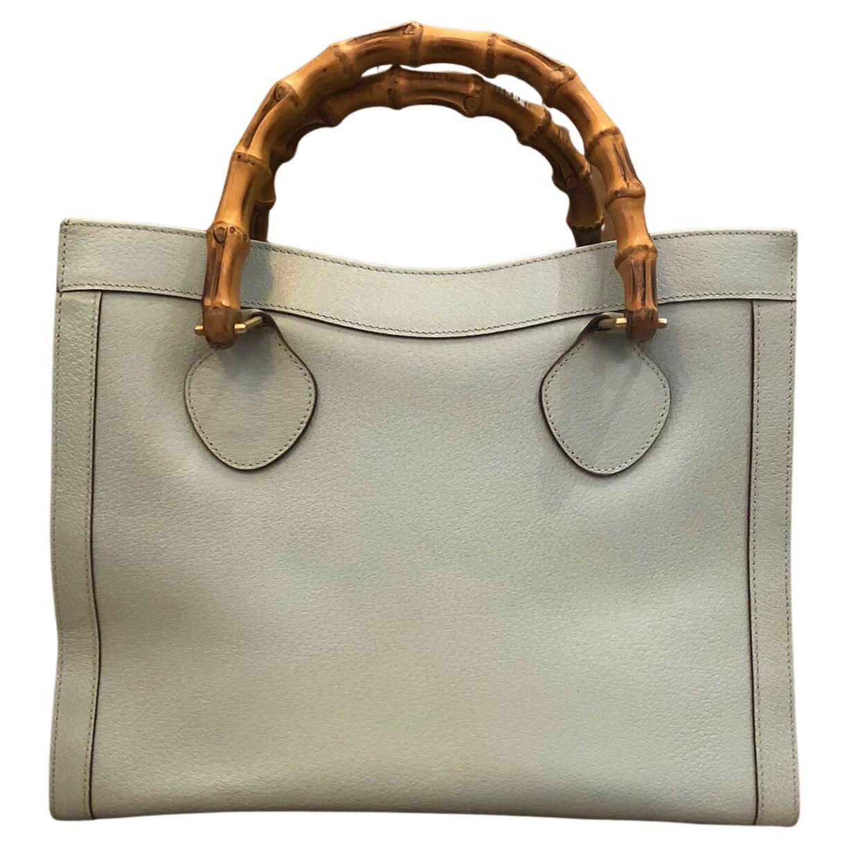 1990s Vintage GUCCI Light Green Leather Bamboo Tote Diana Tote Bag (Medium)