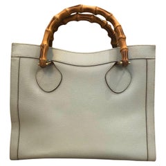 1990s Vintage GUCCI Light Green Leather Bamboo Tote Diana Tote Bag (Medium)
