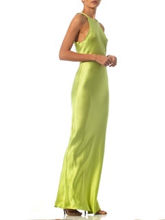 1990S Gucci Lime Green Bias Cut Silk Charmeuse Minimalist Gown