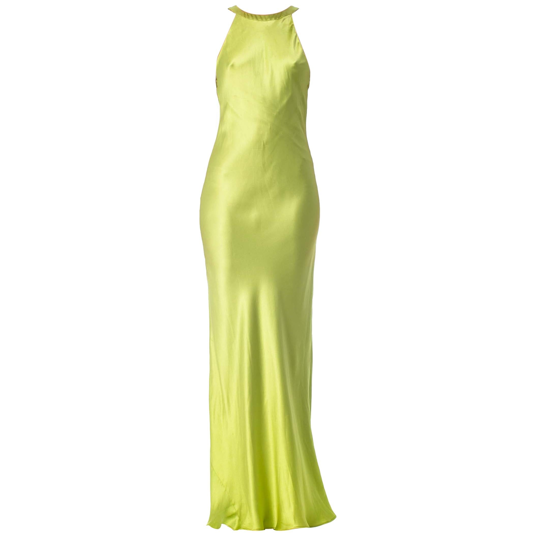 1990S Gucci Lime Green Bias Cut Silk Charmeuse Minimalist Gown