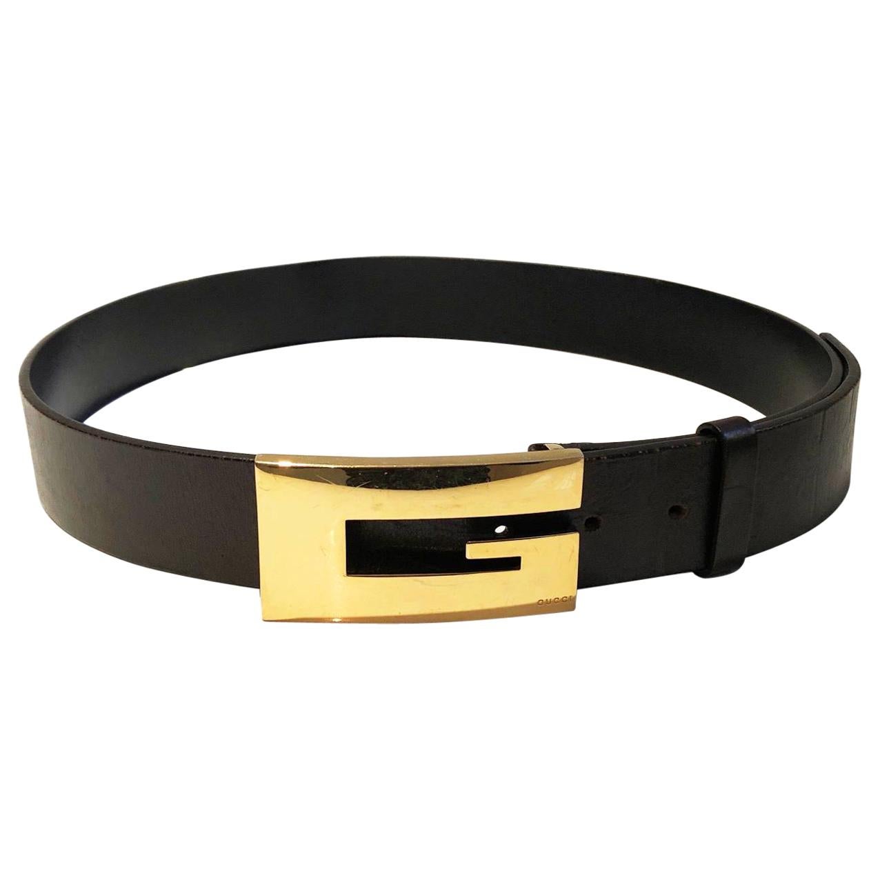 1990s Gucci Gold Logo Buckle Statement Leather Belt 