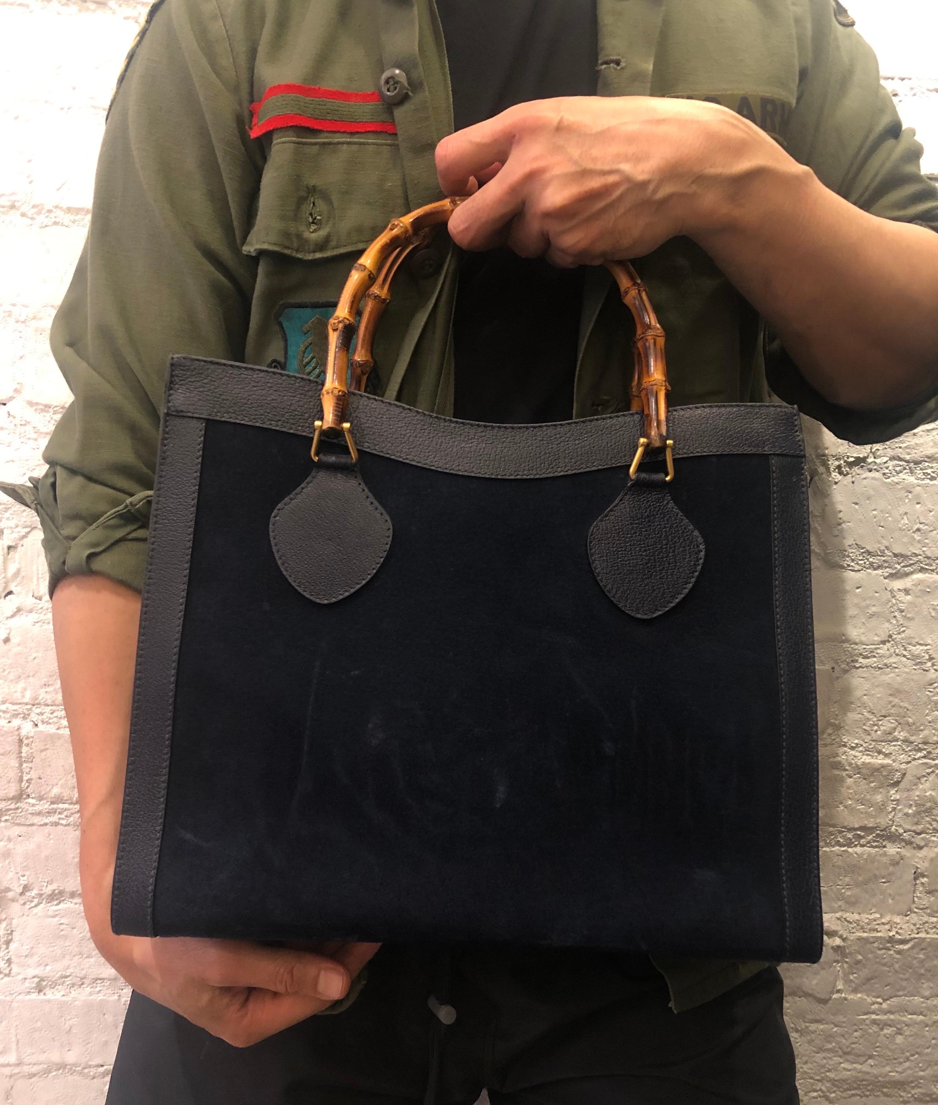 1990s GUCCI Navy Suede Leather Bamboo Tote Princess Diana Tote 6