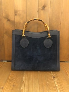 1990s GUCCI Navy Suede Leather Bamboo Tote Princess Diana Tote