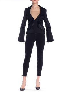 2000S TOM FORD FOR  GUCCI Black Satin & Velvet Pleated Bell Sleeve Blazer With