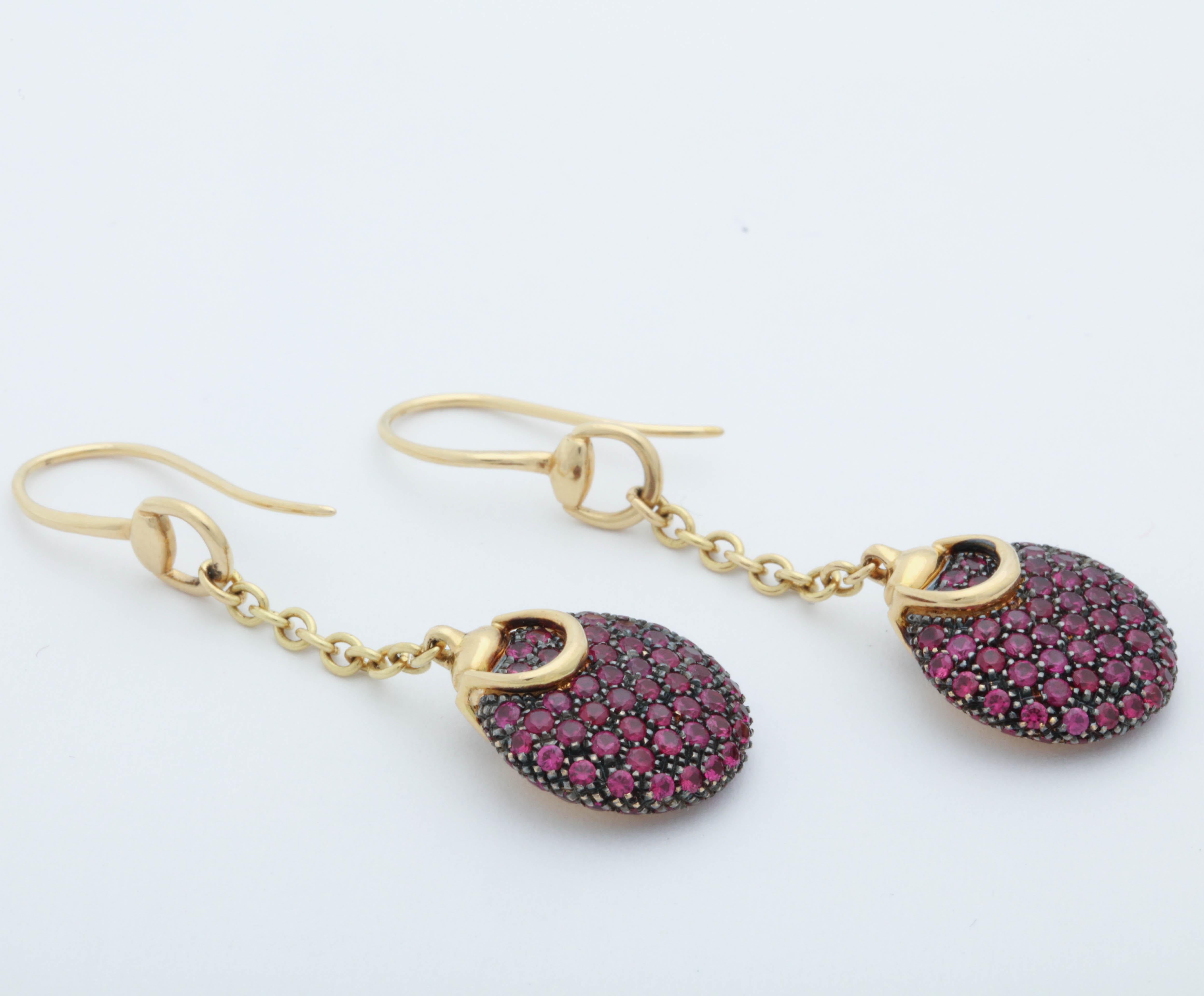 1990s Gucci Ruby and Gold Pendant Drop Earrings with Shephards Hook Closures 1