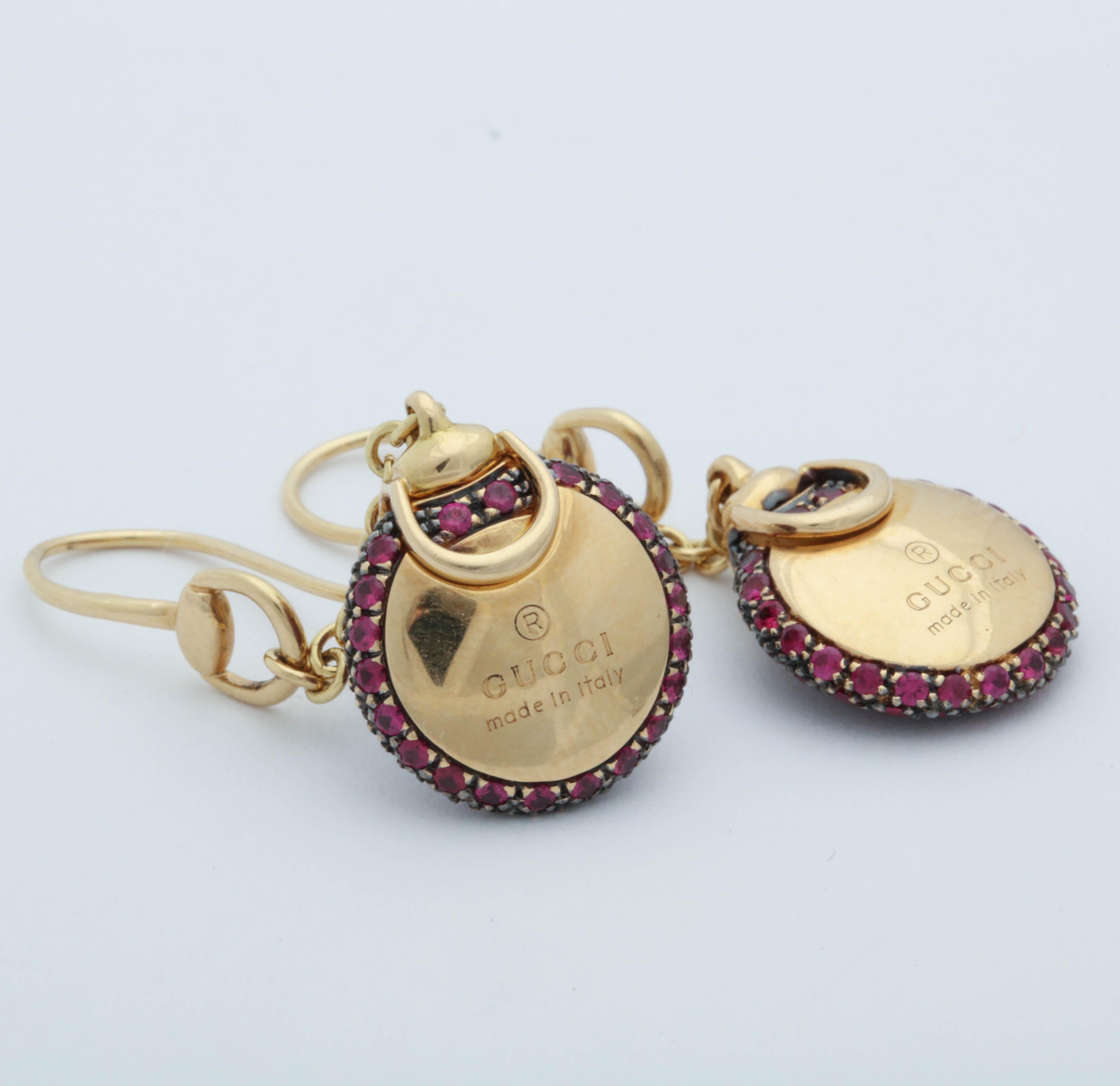 1990s Gucci Ruby and Gold Pendant Drop Earrings with Shephards Hook Closures 2