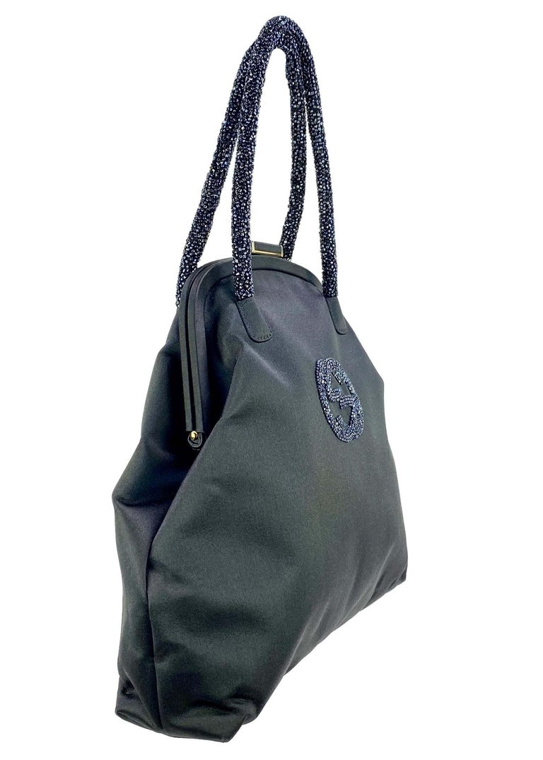 Early 1990s Gucci 'GG' Logo Beaded Black Satin Mini Evening Bag