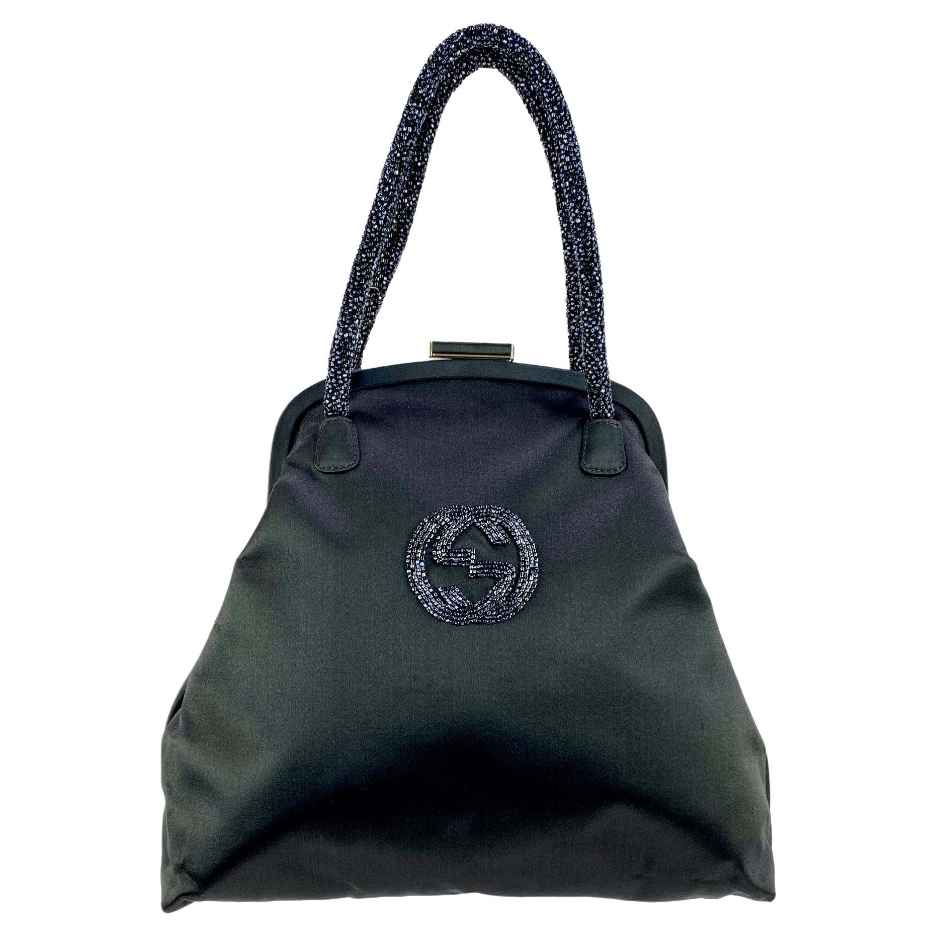 1990s Gucci Silk Satin Beaded GG Logo Kiss-Lock Medium Frame Bag