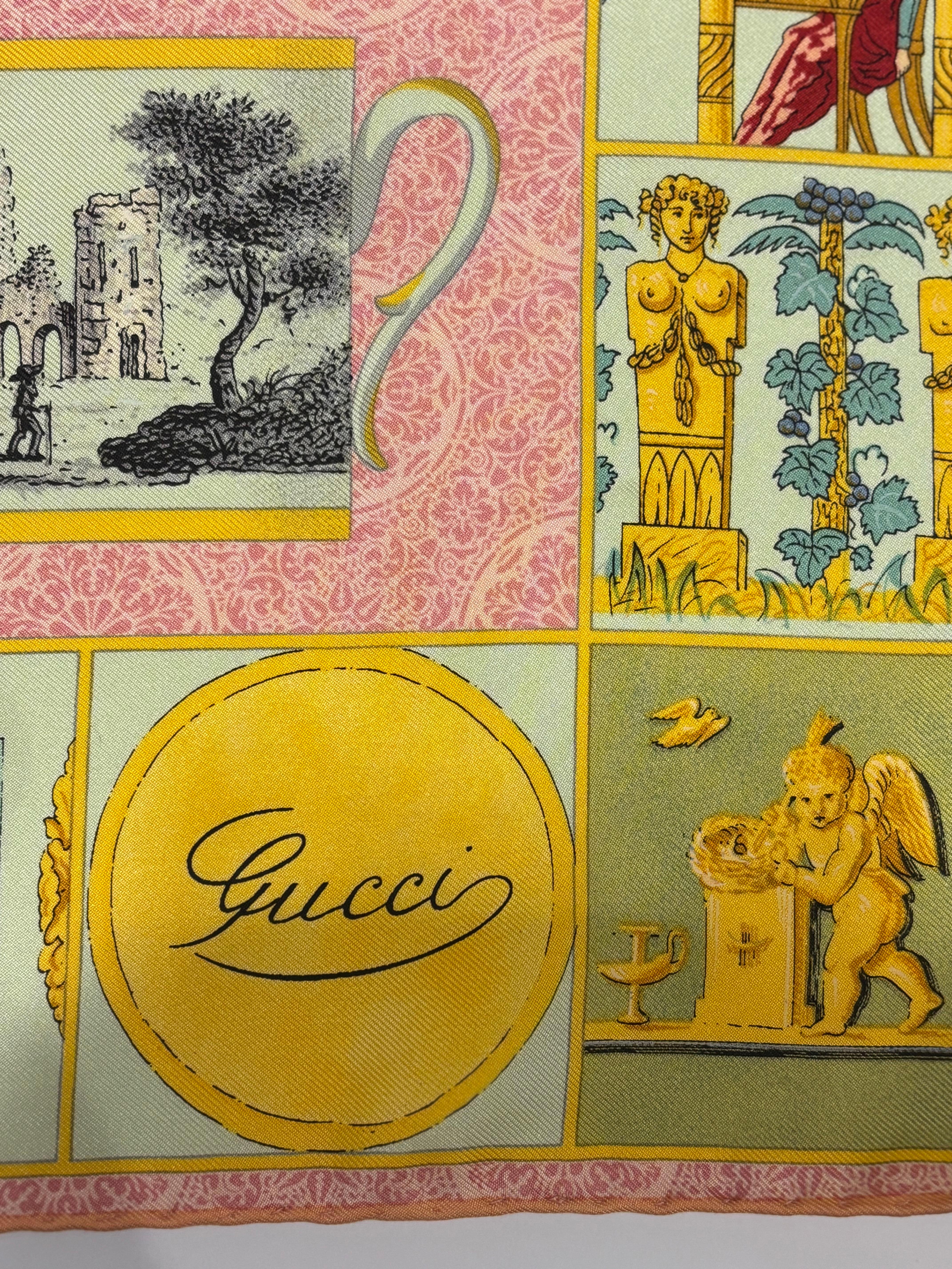 Such a unique pattern, especially for Gucci. This silk scarf is in very good condition and is adorned with a number of different tea cups and mugs in lovely colors.
The borders are in complete contrast showing us figurines, mythical characters,