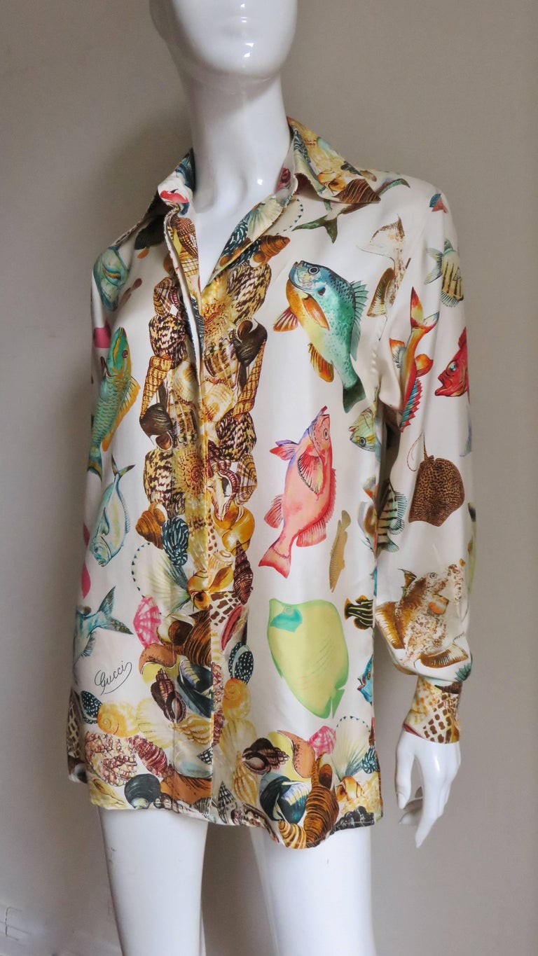 1990s Gucci Silk Sea Life Print Shirt For Sale at 1stdibs