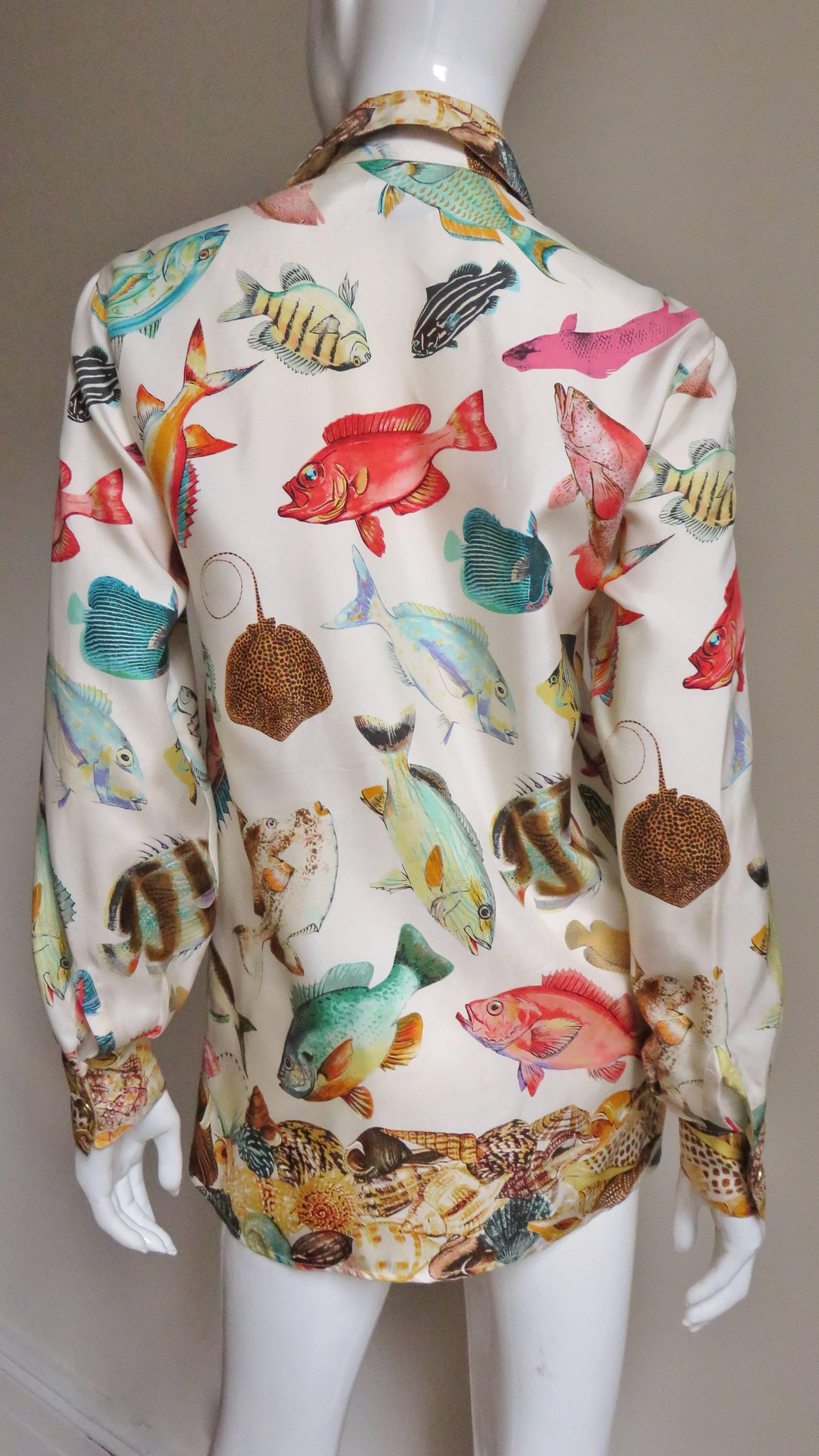 Beige  Gucci Silk Fish Print Shirt 1990s