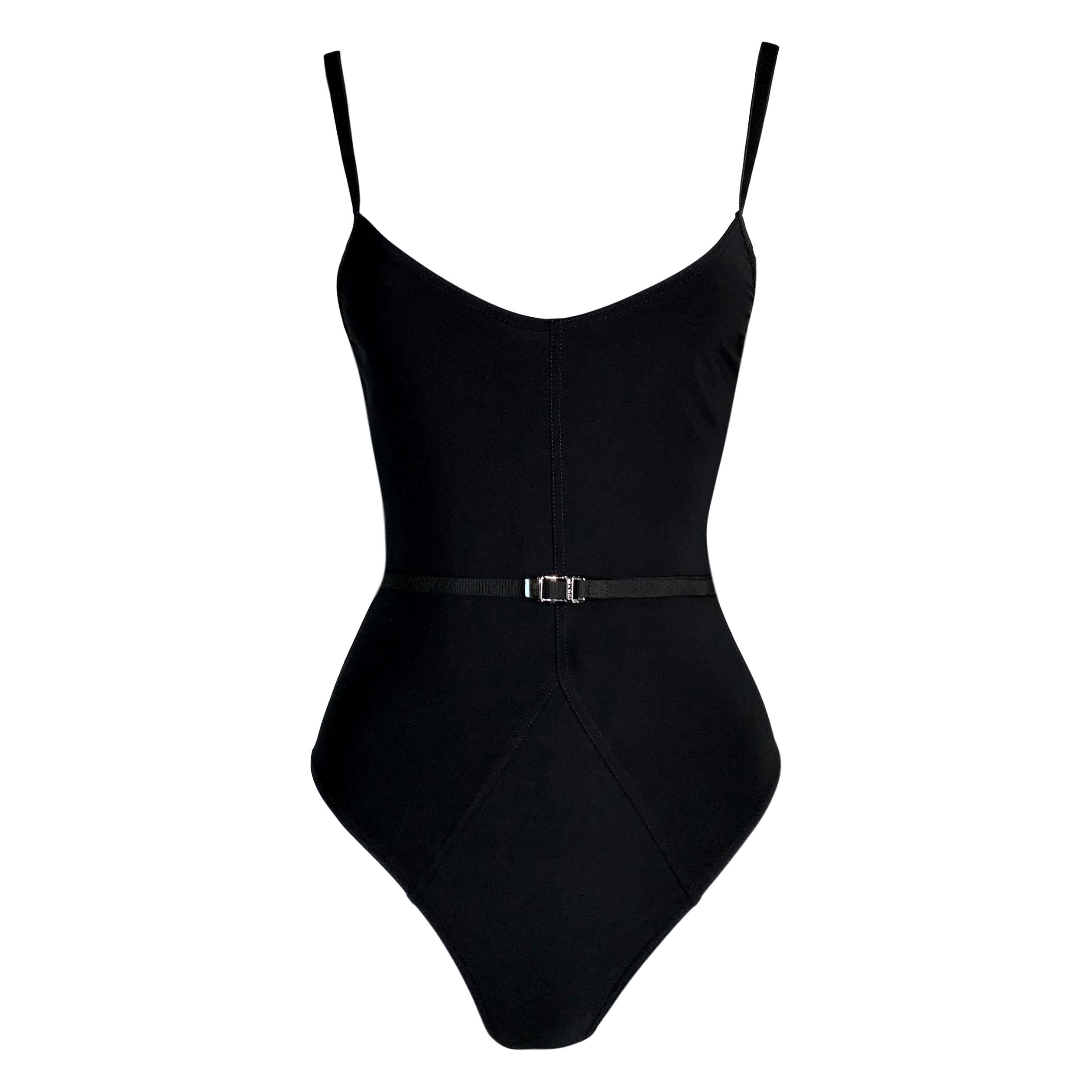 1990's Gucci Tom Ford Bond Girl Black Belted Plunging Swimsuit Bodysuit