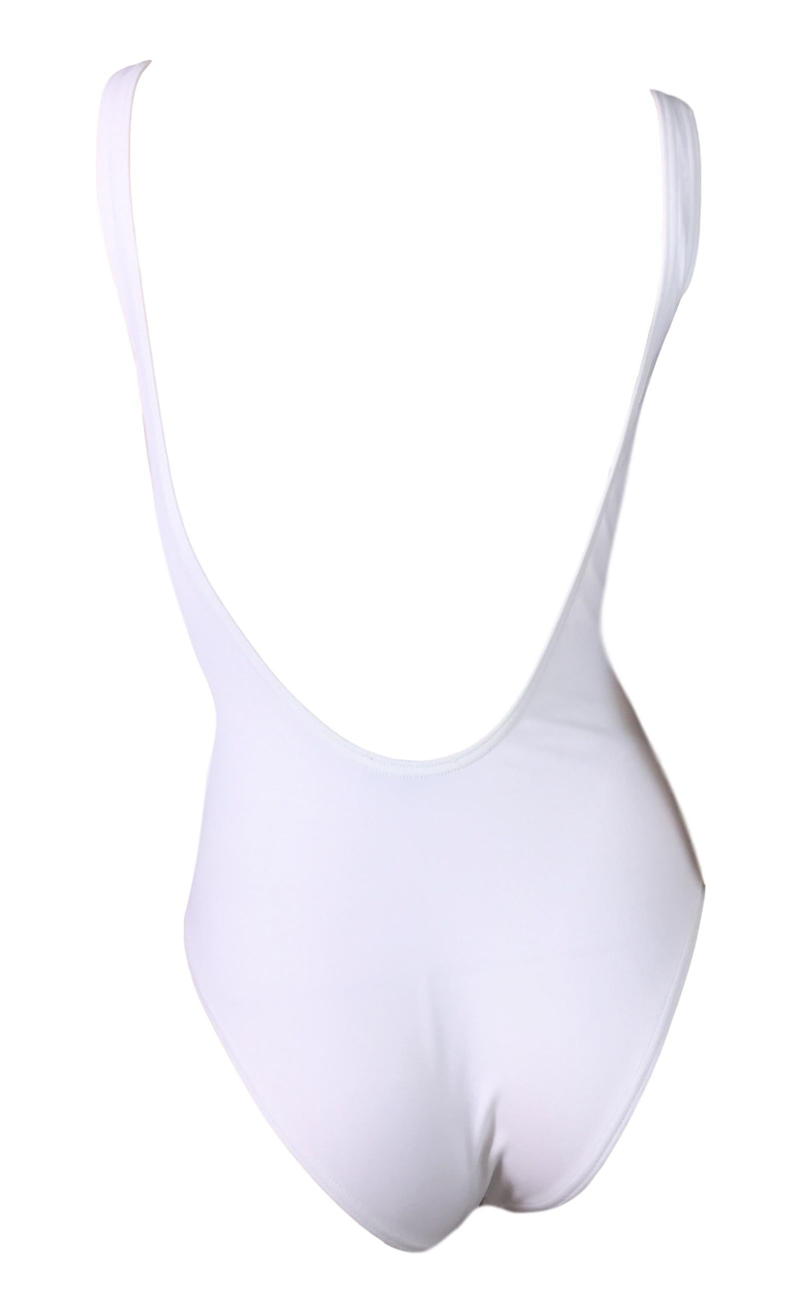 Gray 1990's Gucci Tom Ford White Swimsuit Bodysuit w/ Silver Logo Charm