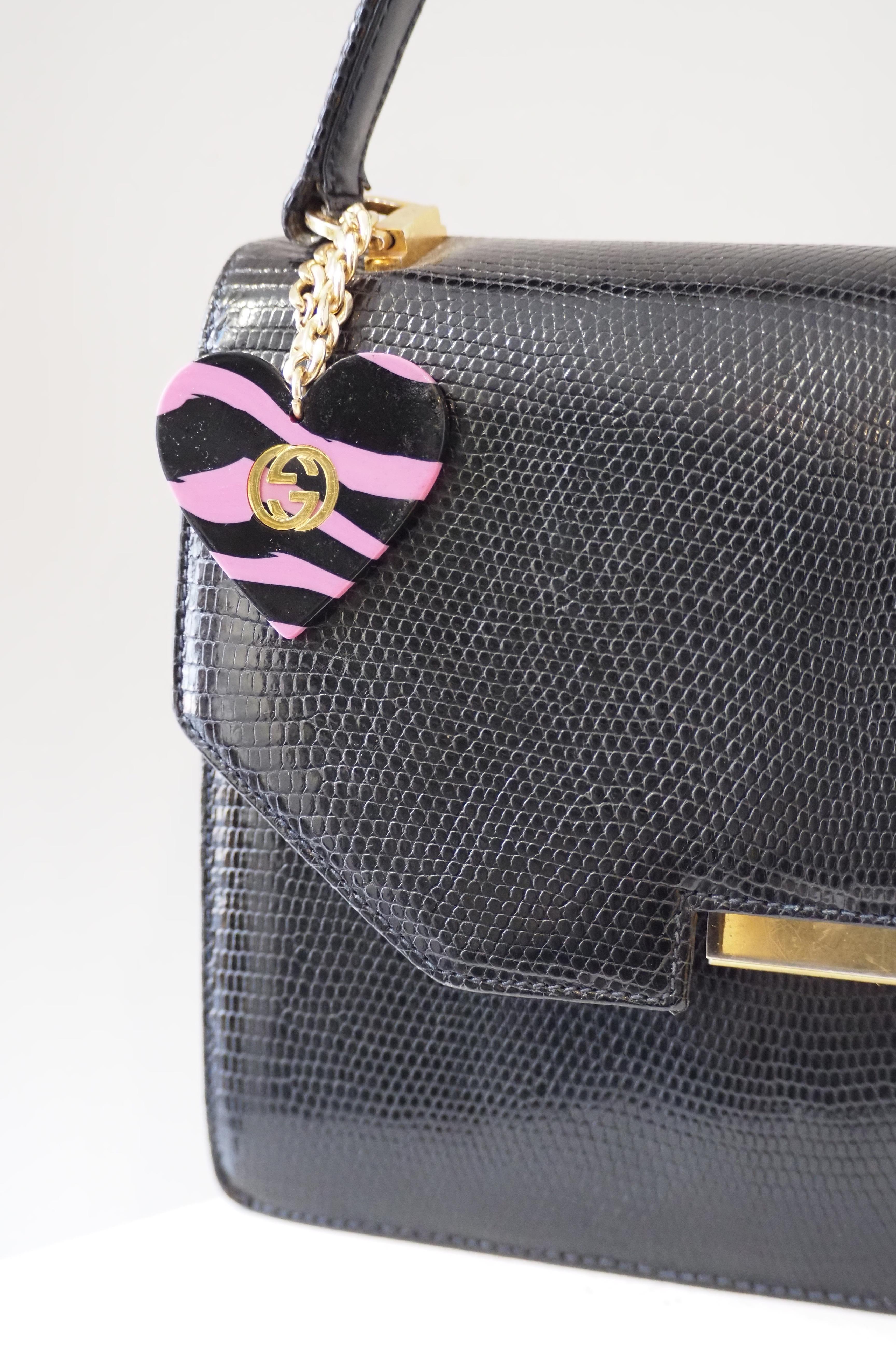 1990s Gucci vintage lizard handle bag with pink black gold heart charm For Sale 6