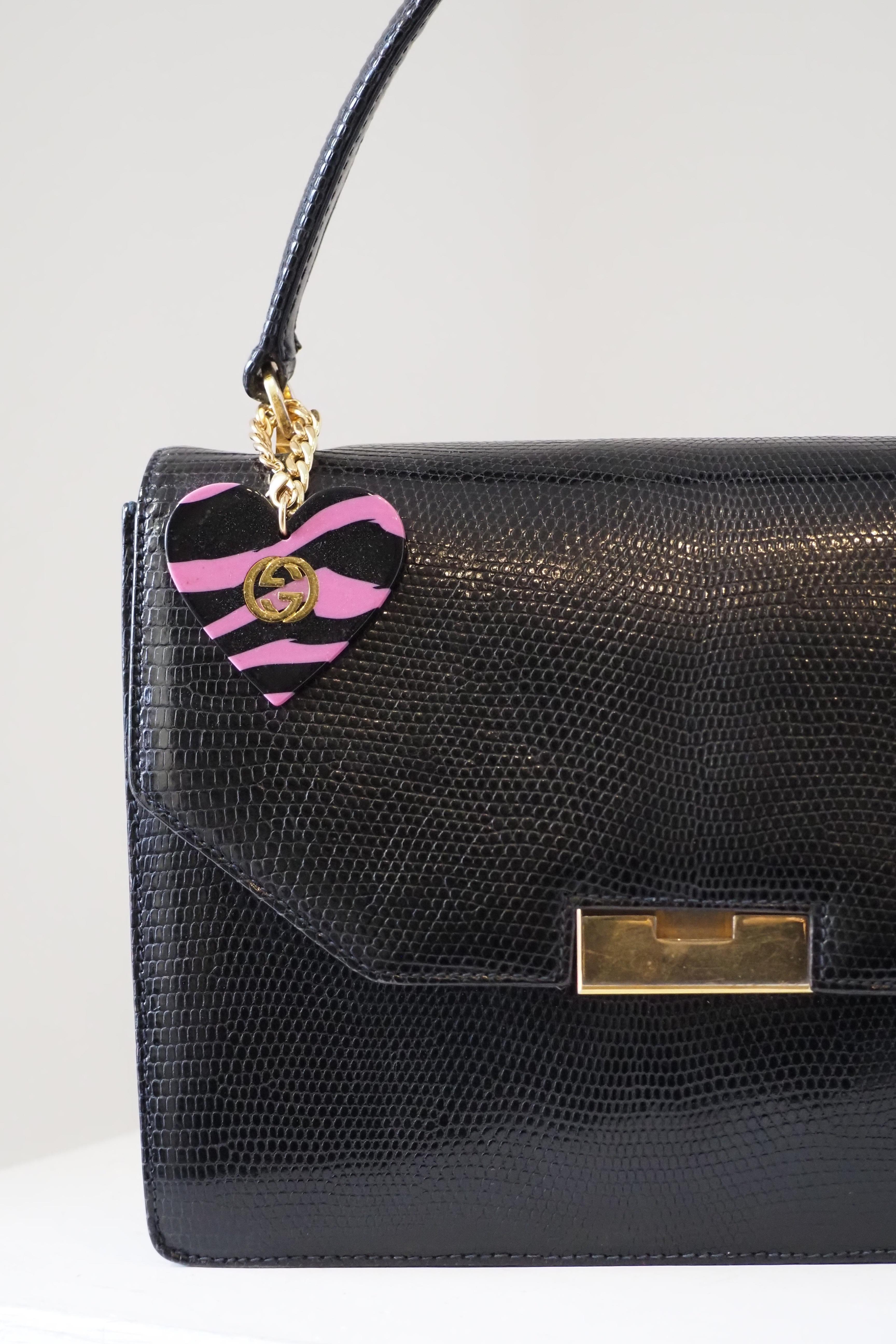 Black 1990s Gucci vintage lizard handle bag with pink black gold heart charm For Sale
