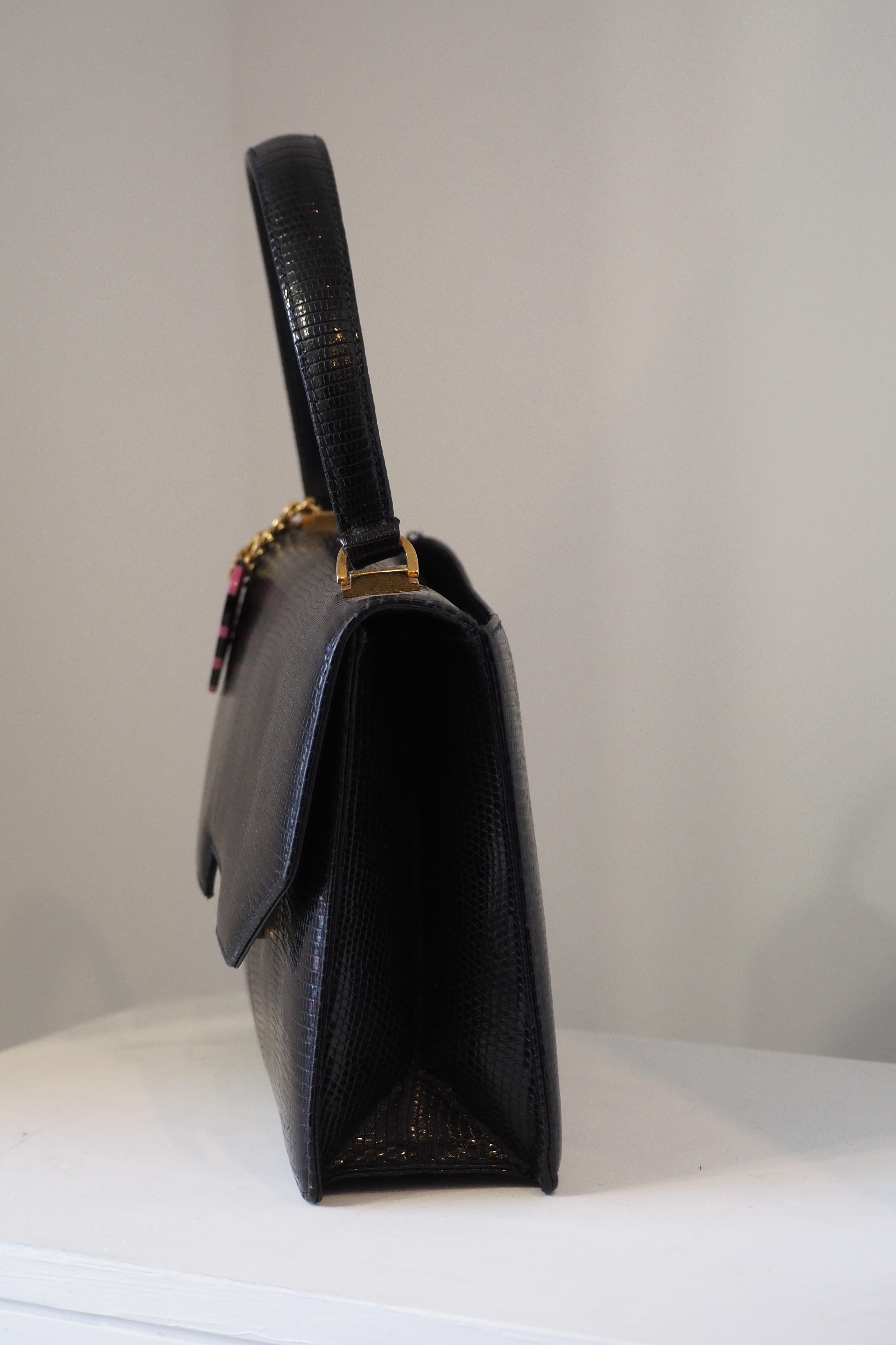 1990s Gucci vintage lizard handle bag with pink black gold heart charm For Sale 1