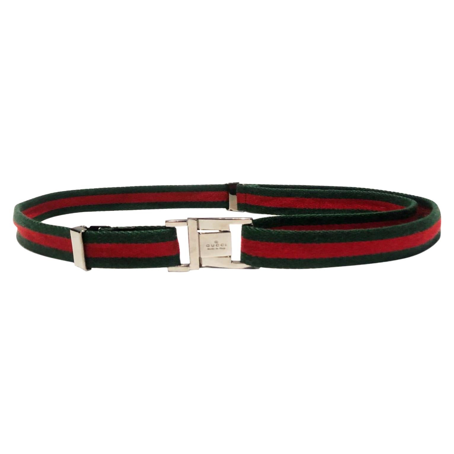 1990s Gucci Web Green and Red Adjustable Belt with Steel Buckle