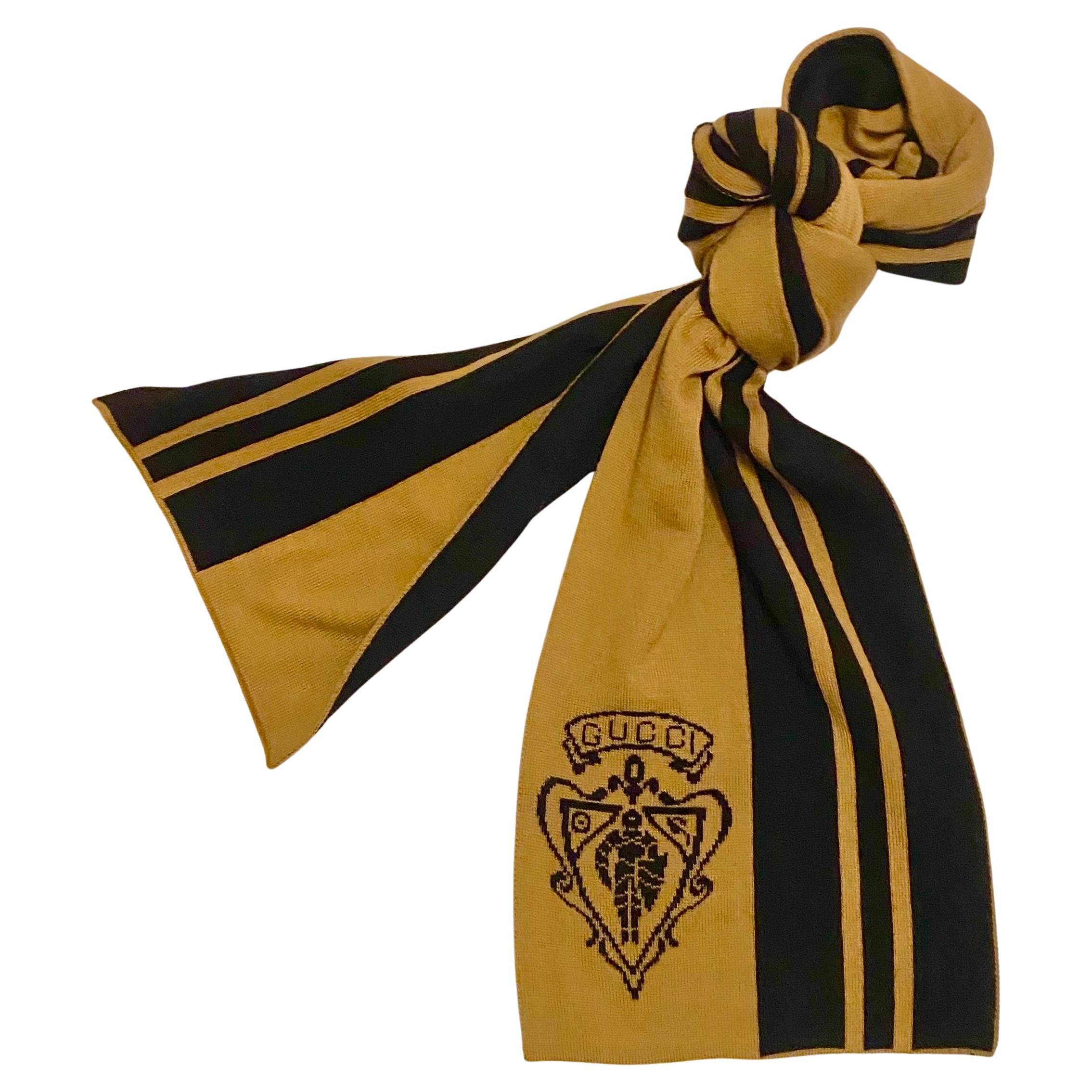 2000s Tom Ford for Gucci Wool Largest Stripe Beige Black Logo Scarf, cark beige and black striped wool large scarf, Made in Italy, 100% wool

Measurements: 68x8.5in 

Condition: 1990s/2000s, vintage, very good 