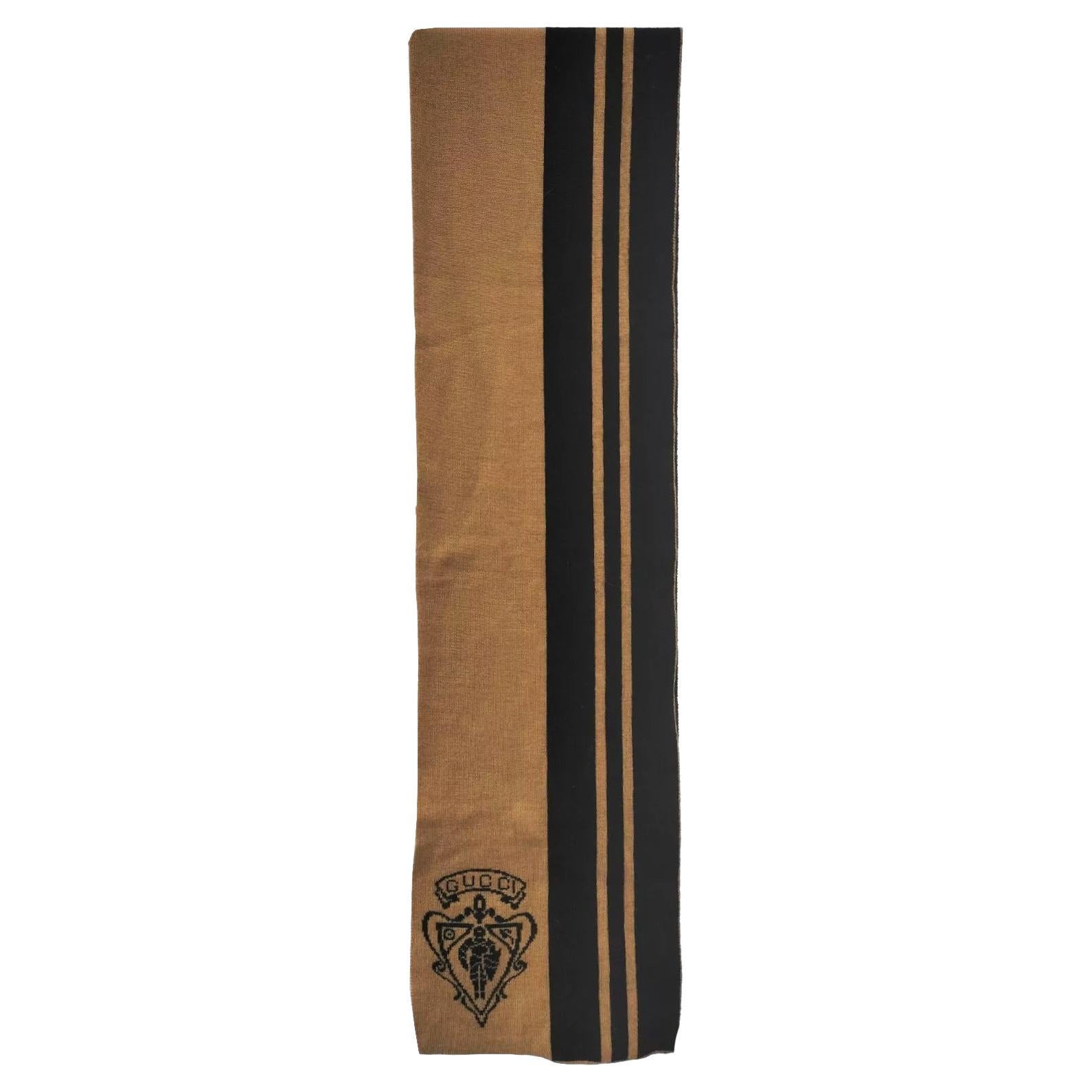 Brown 2000s Gucci Large Stripe Beige Black Logo Wool Scarf For Sale
