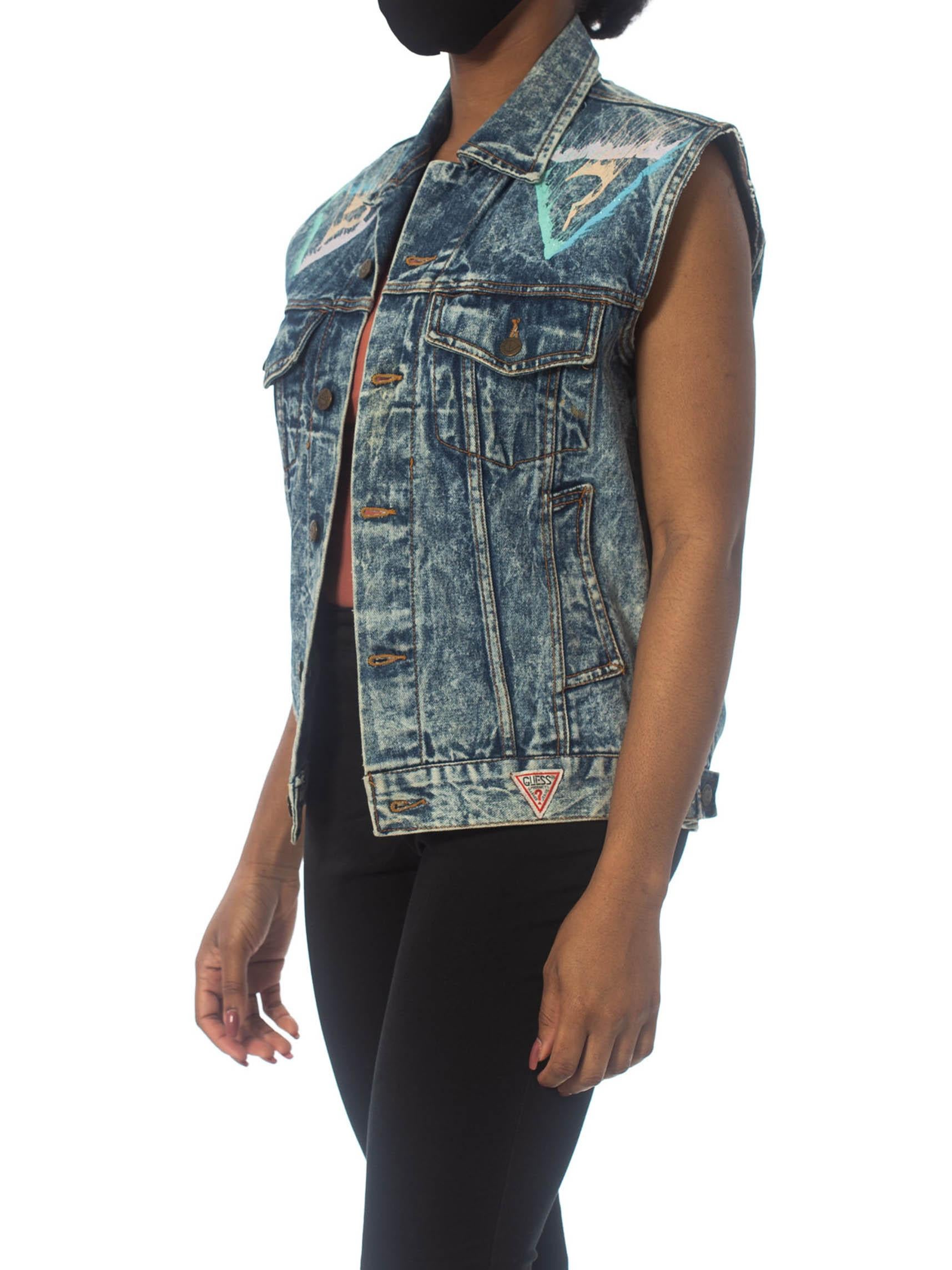 Gray 1990S GUESS Glitter Puffy Painted Acid Washed Denim Vest For Sale