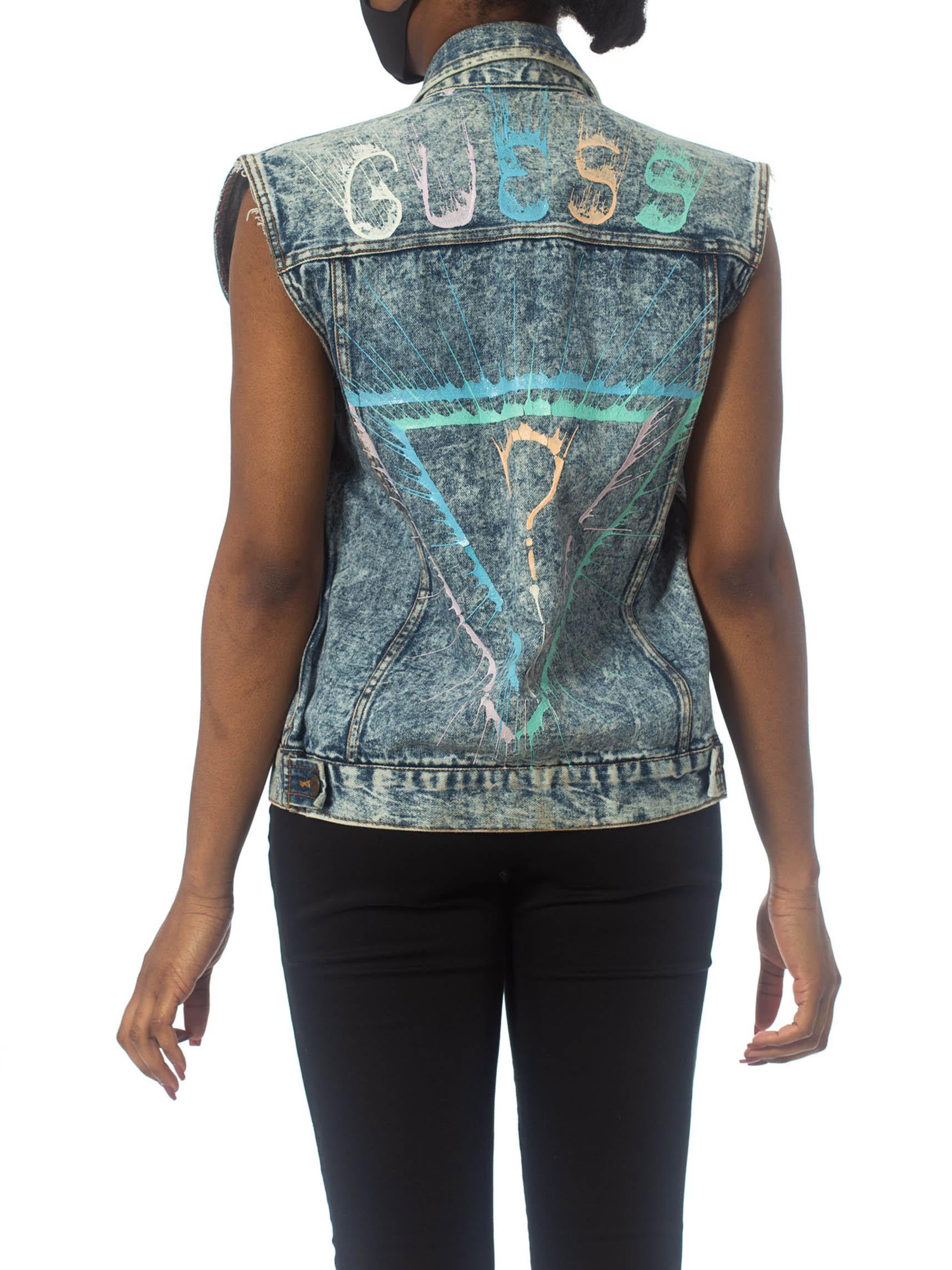 1990S GUESS Glitter Puffy Painted Acid Washed Denim Vest In Excellent Condition For Sale In New York, NY