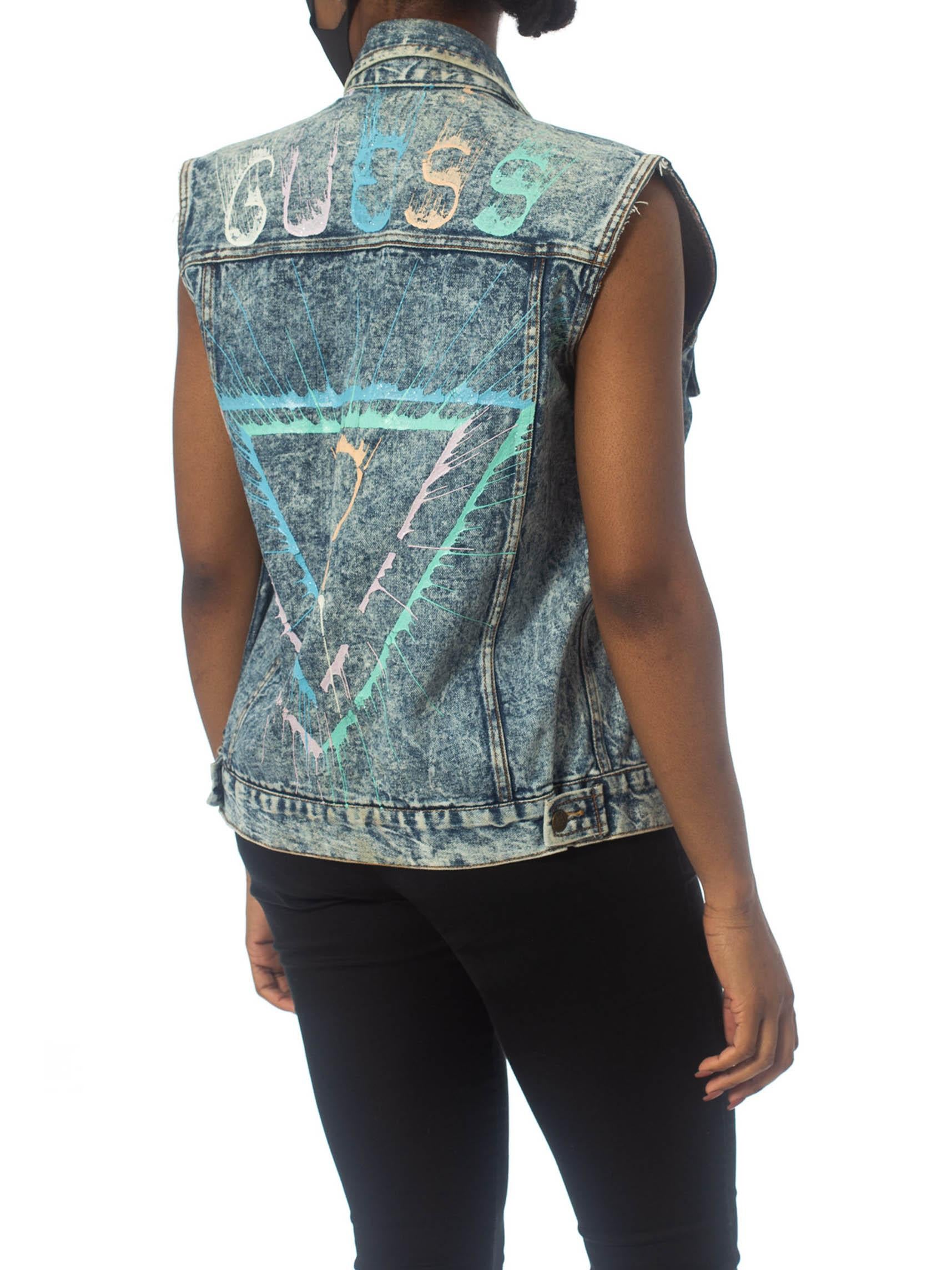 Women's 1990S GUESS Glitter Puffy Painted Acid Washed Denim Vest For Sale