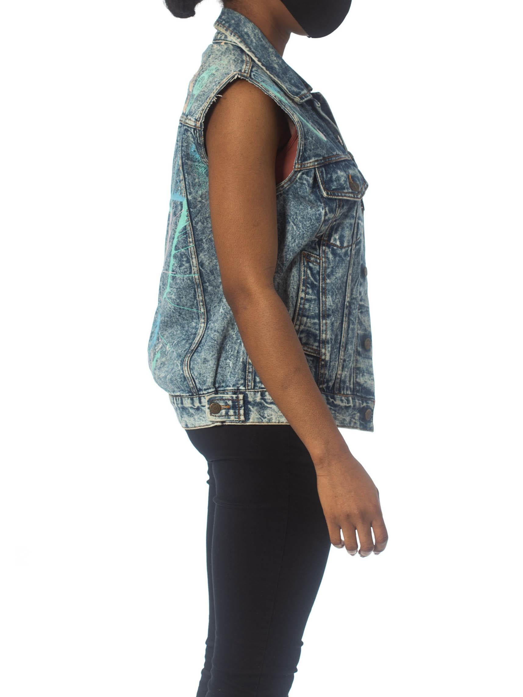 1990S GUESS Glitter Puffy Painted Acid Washed Denim Vest For Sale 1