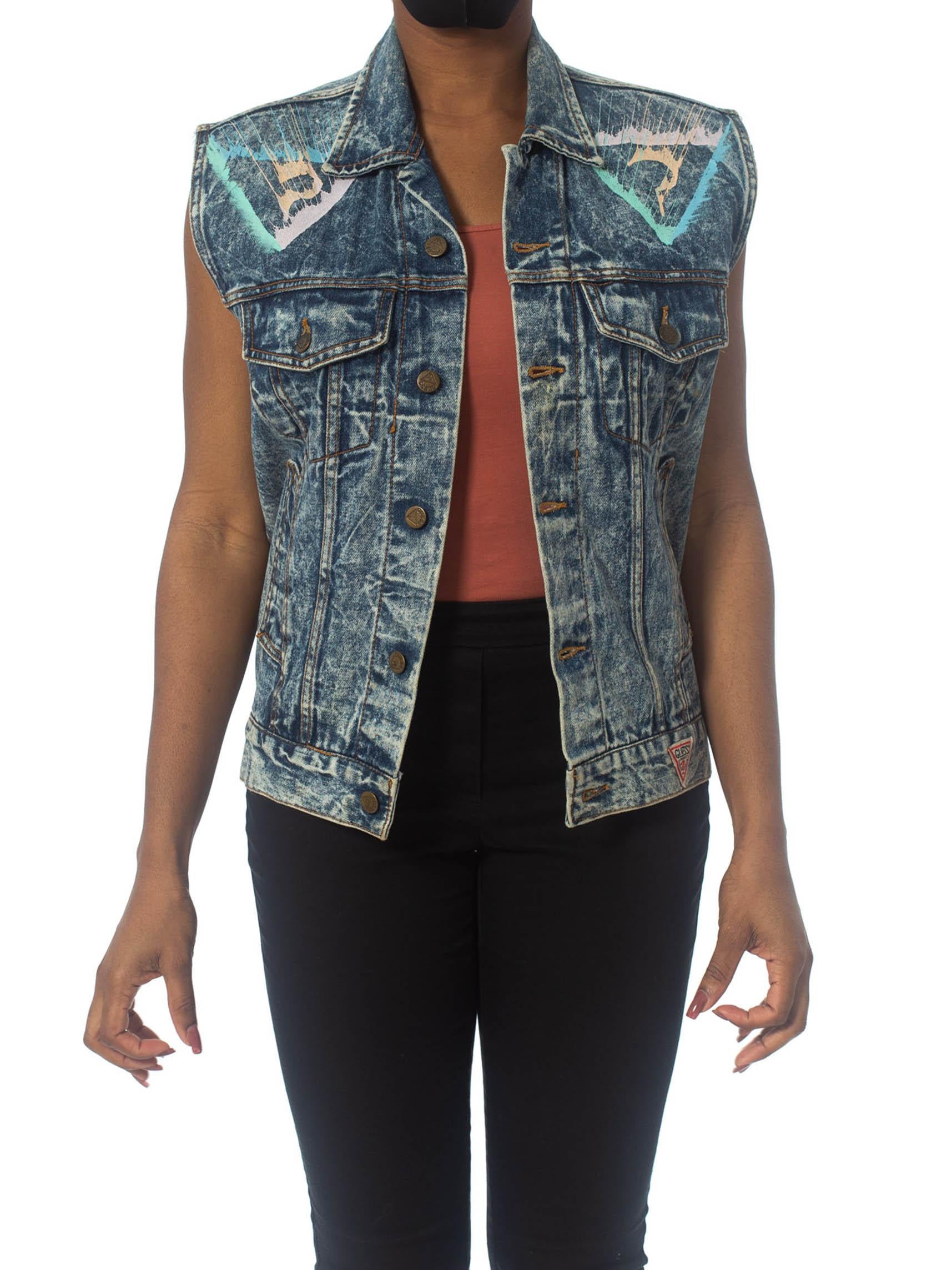 1990S GUESS Glitter Puffy Painted Acid Washed Denim Vest For Sale 2