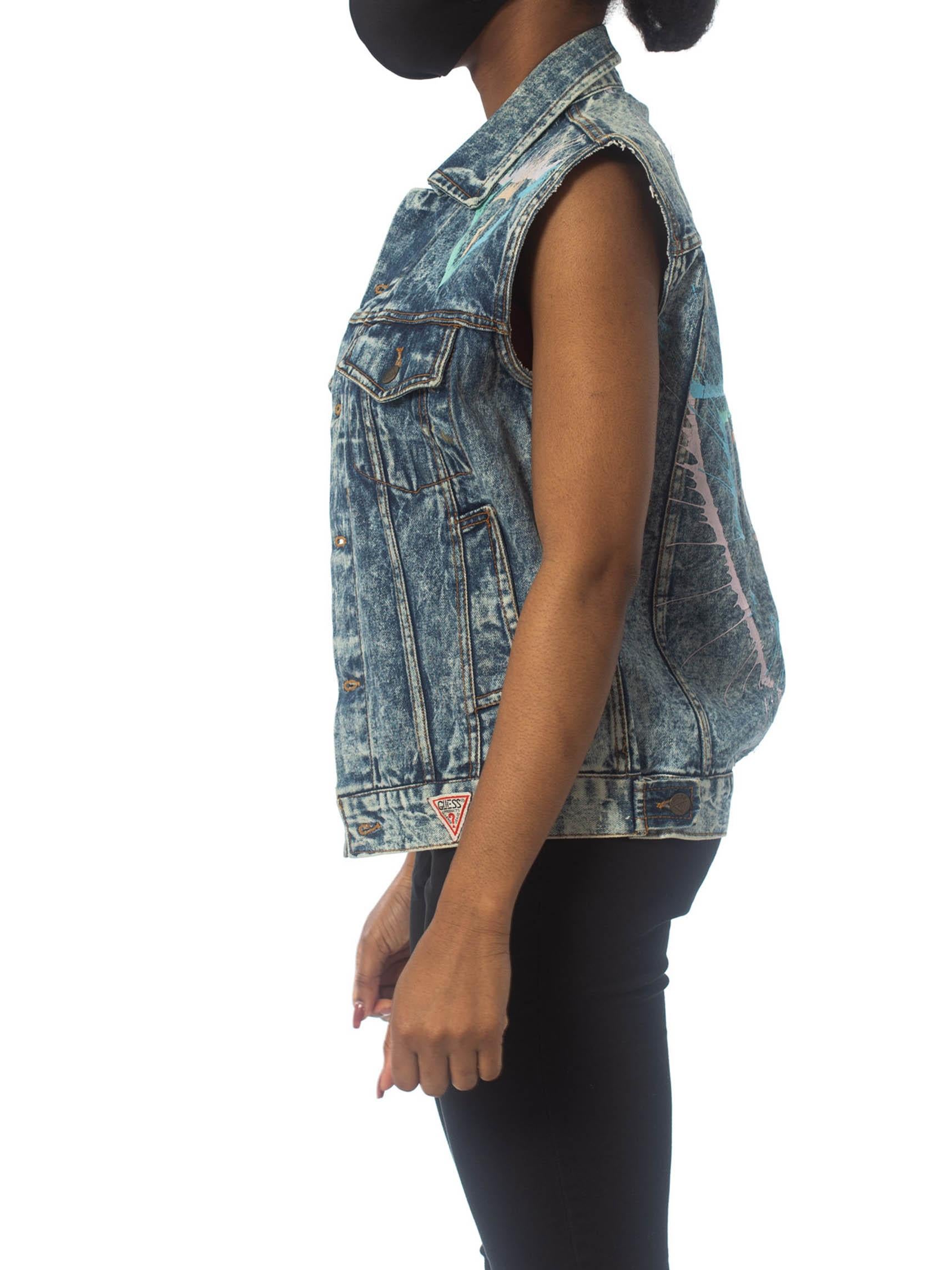 1990S GUESS Glitter Puffy Painted Acid Washed Denim Vest For Sale 3