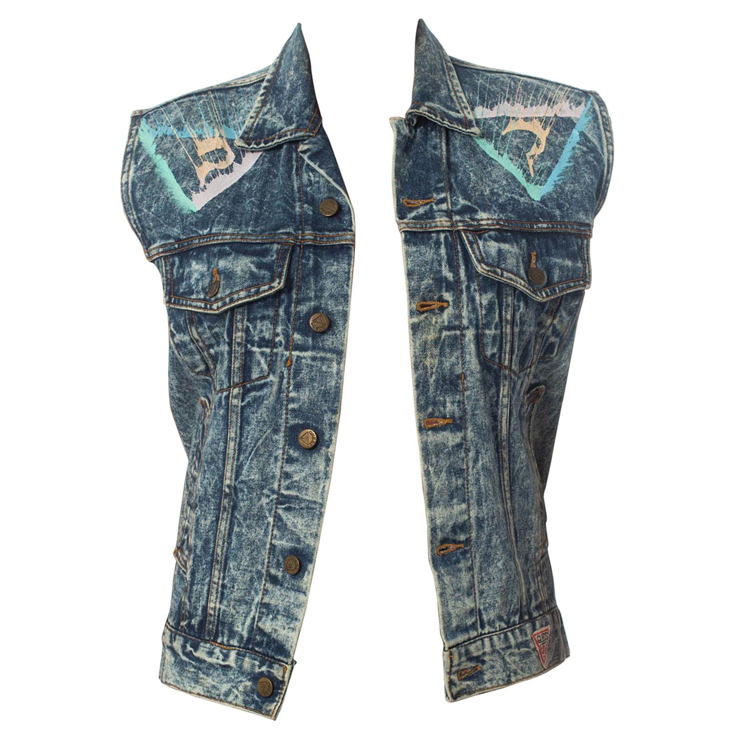 1990S GUESS Glitter Puffy Painted Acid Washed Denim Vest For Sale