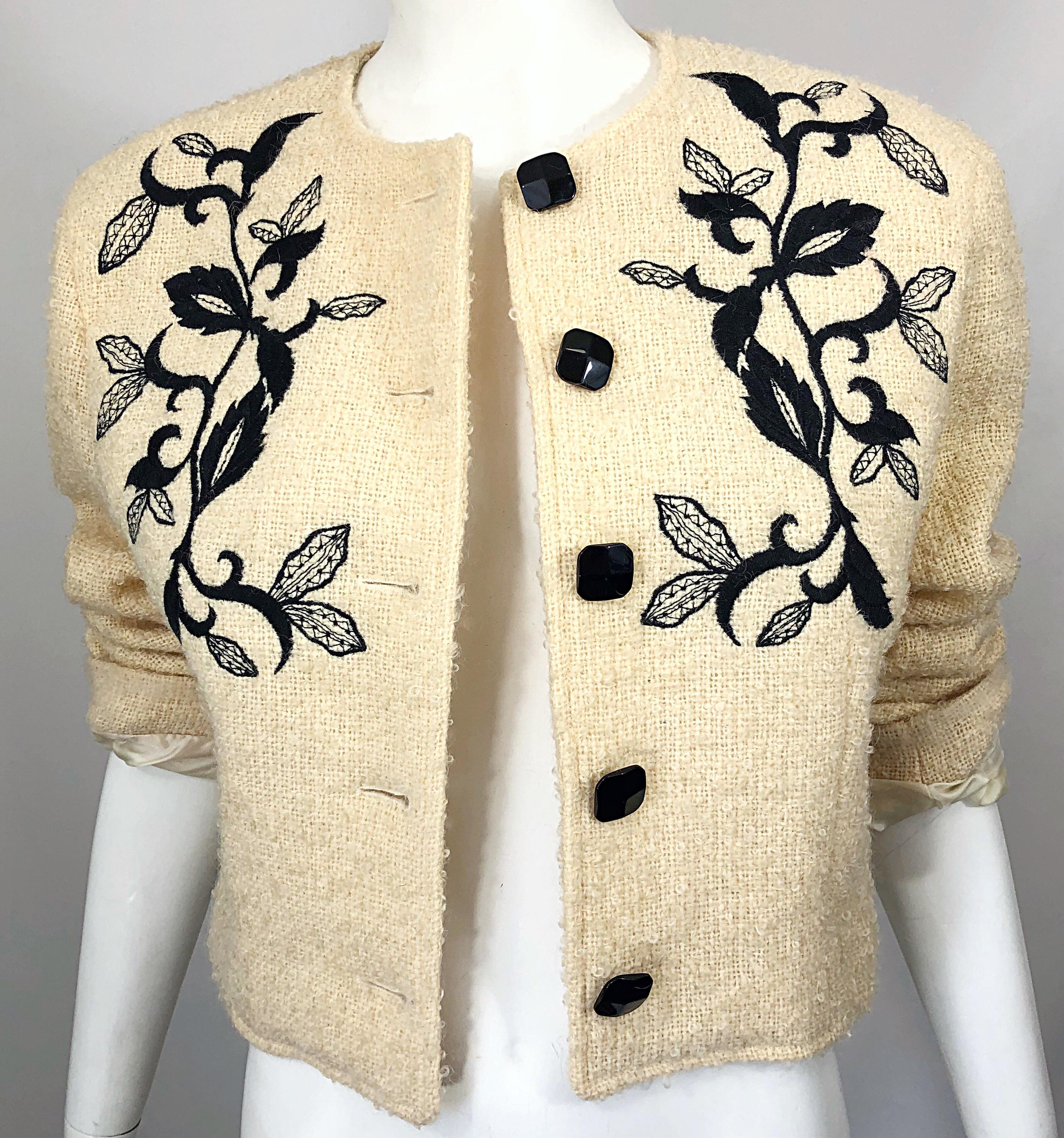 White 1990s Guy Laroche Ivory and Black Embroidered Vintage 90s Cropped Jacket Blazer For Sale