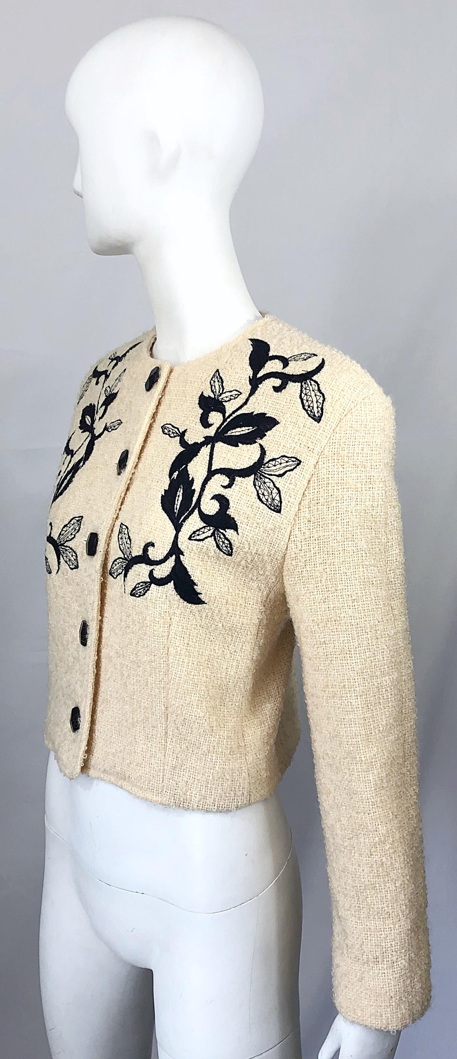 1990s Guy Laroche Ivory and Black Embroidered Vintage 90s Cropped Jacket Blazer In Excellent Condition For Sale In San Diego, CA