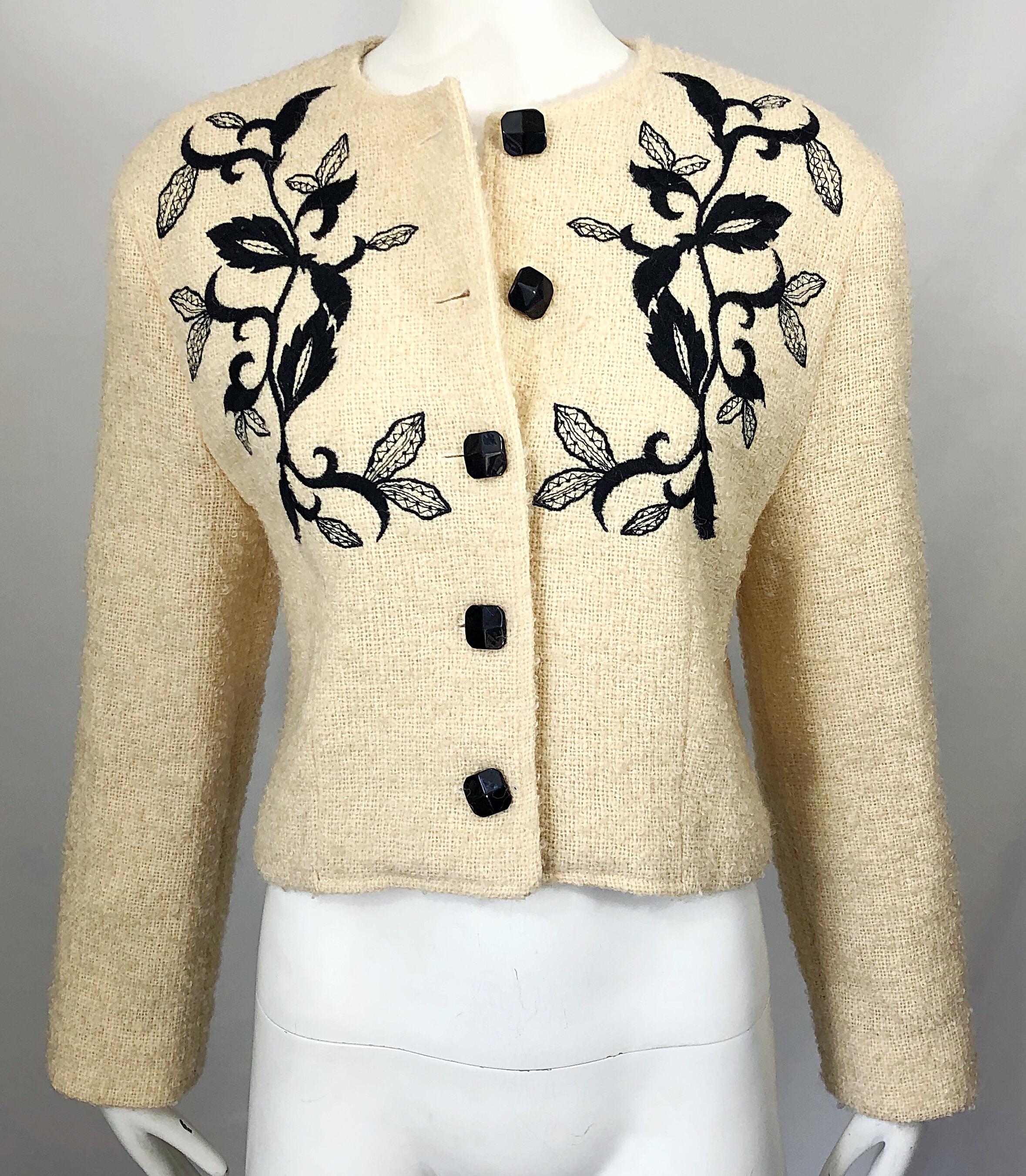 Women's 1990s Guy Laroche Ivory and Black Embroidered Vintage 90s Cropped Jacket Blazer For Sale