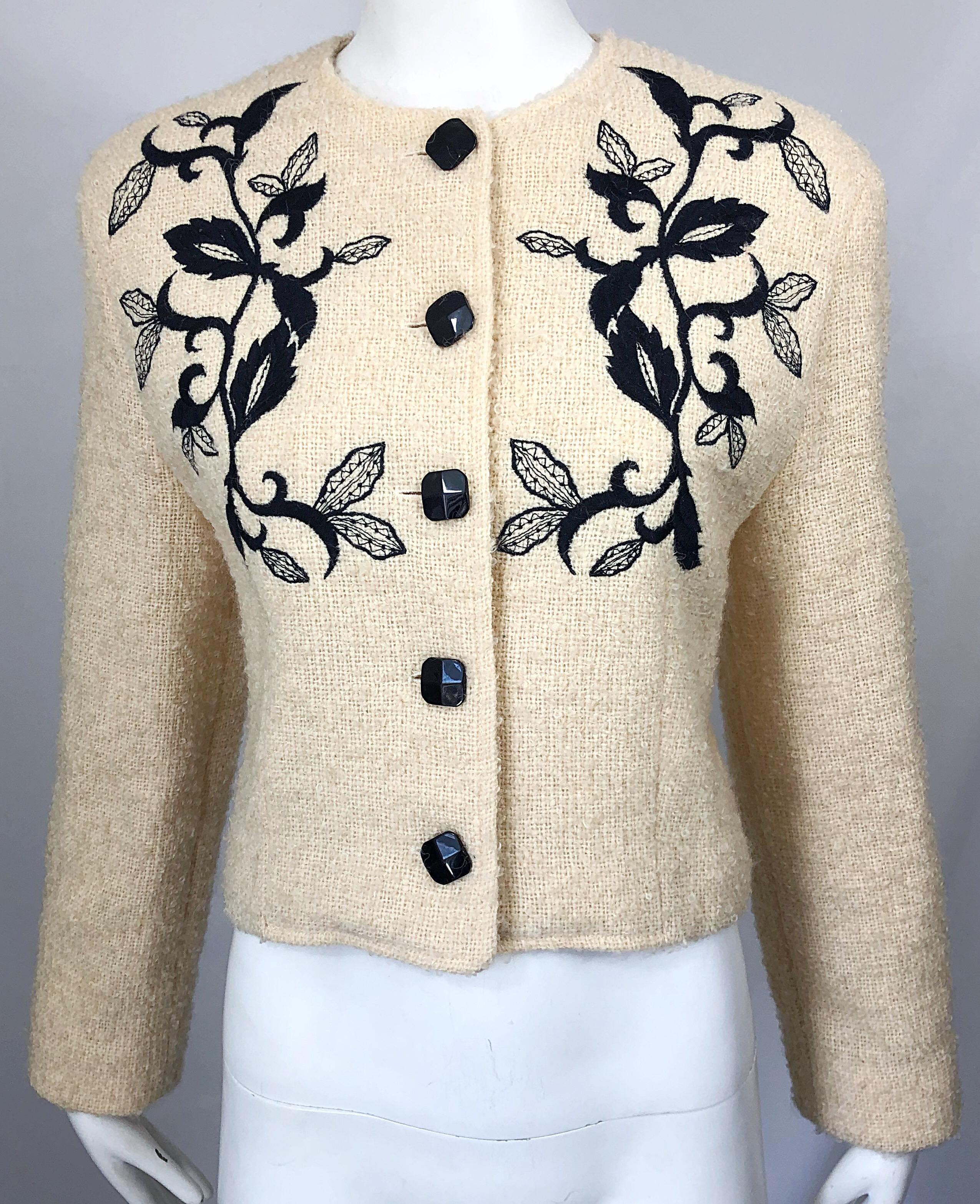 1990s Guy Laroche Ivory and Black Embroidered Vintage 90s Cropped Jacket Blazer For Sale 1