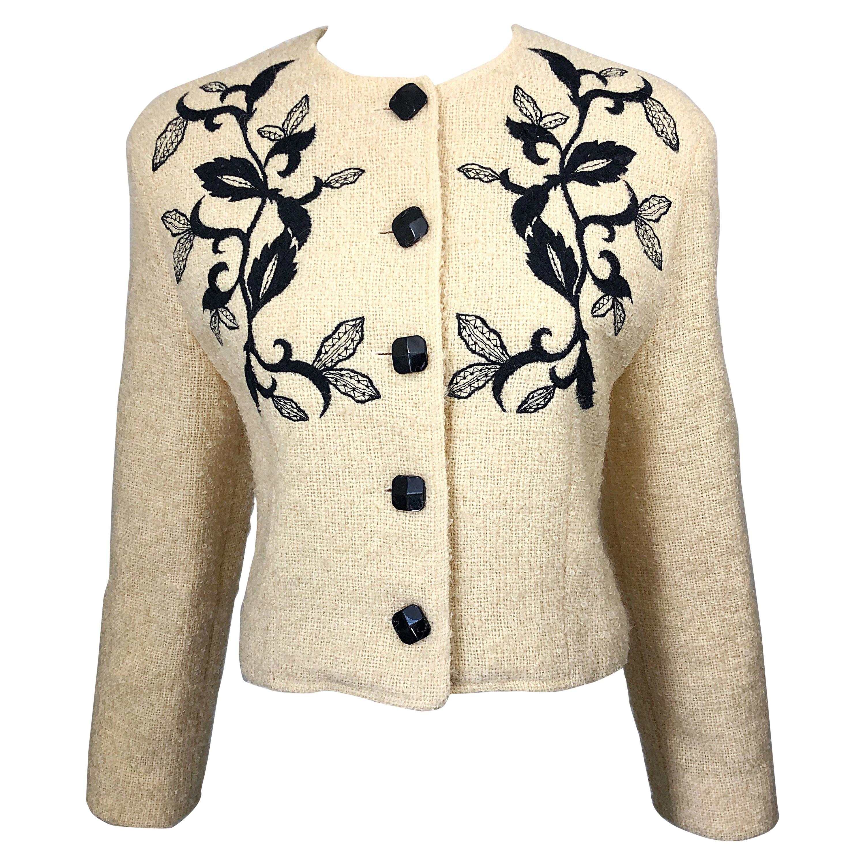 1990s Guy Laroche Ivory and Black Embroidered Vintage 90s Cropped Jacket Blazer