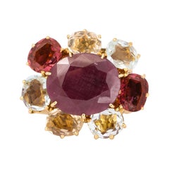 1990's H .Stern Large Faceted Ruby Hesonite Garnet Aquamarine Gold Cocktail Ring