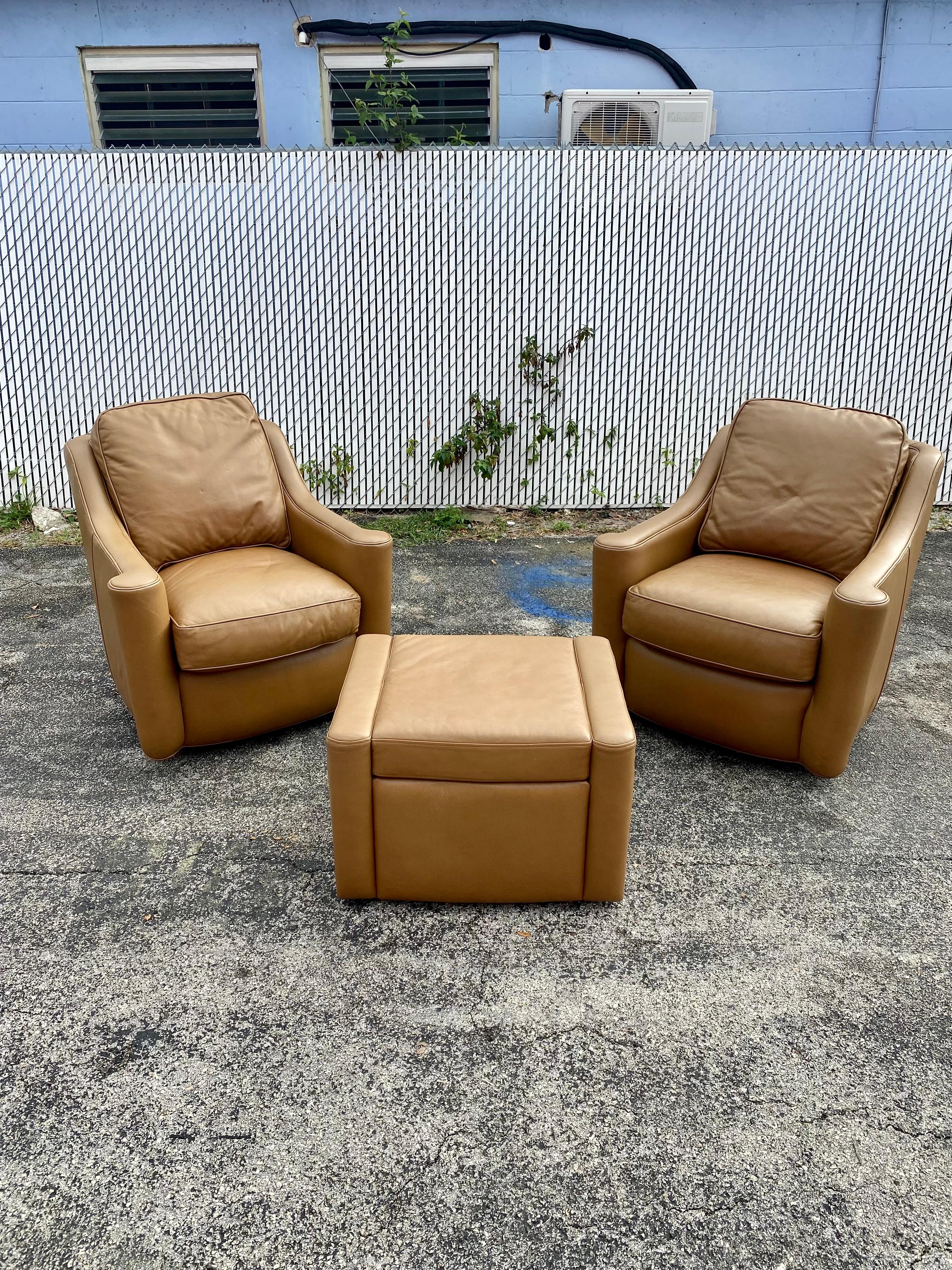 1990s Hancock & Moore Leather Swivel Chairs and Ottoman, Set of 3 For Sale 6