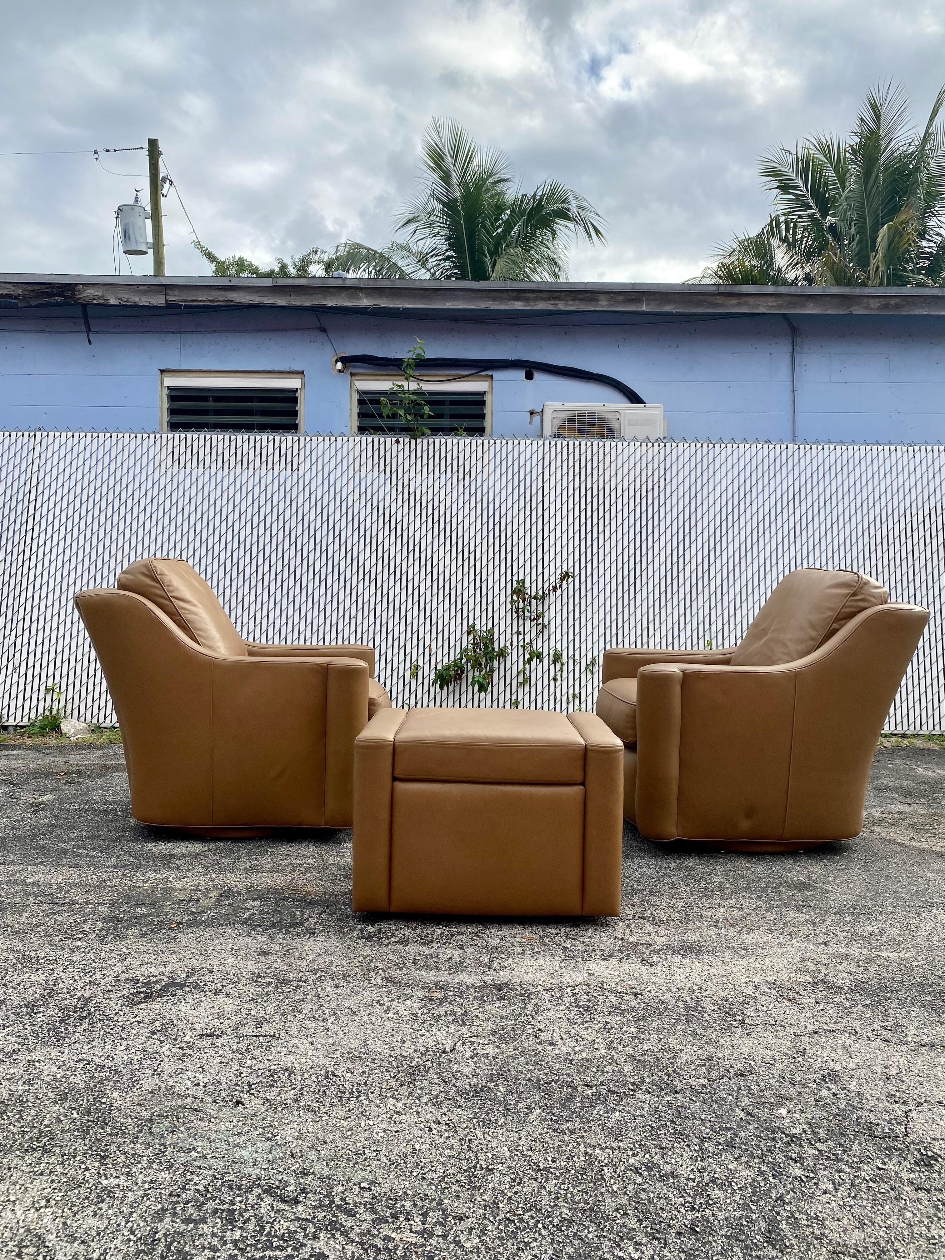 Modern 1990s Hancock & Moore Leather Swivel Chairs and Ottoman, Set of 3 For Sale