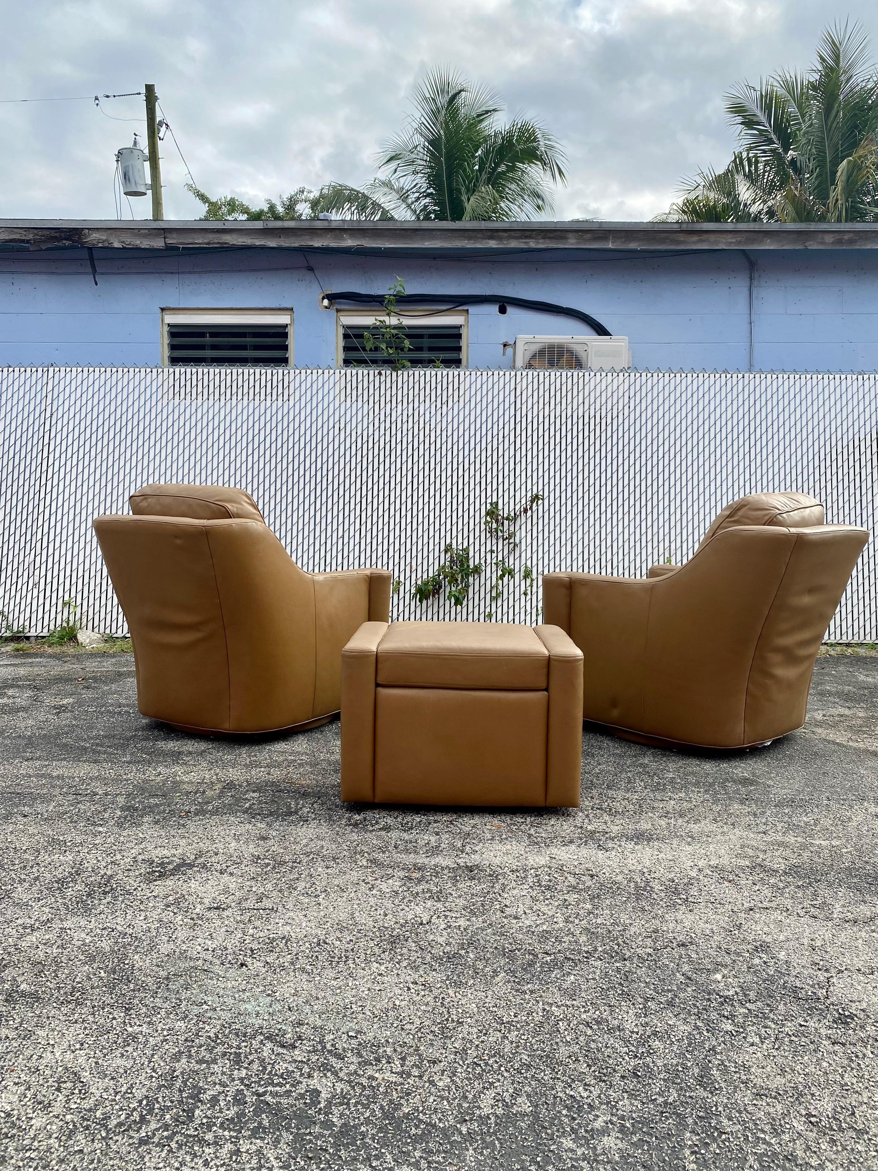 American 1990s Hancock & Moore Leather Swivel Chairs and Ottoman, Set of 3 For Sale