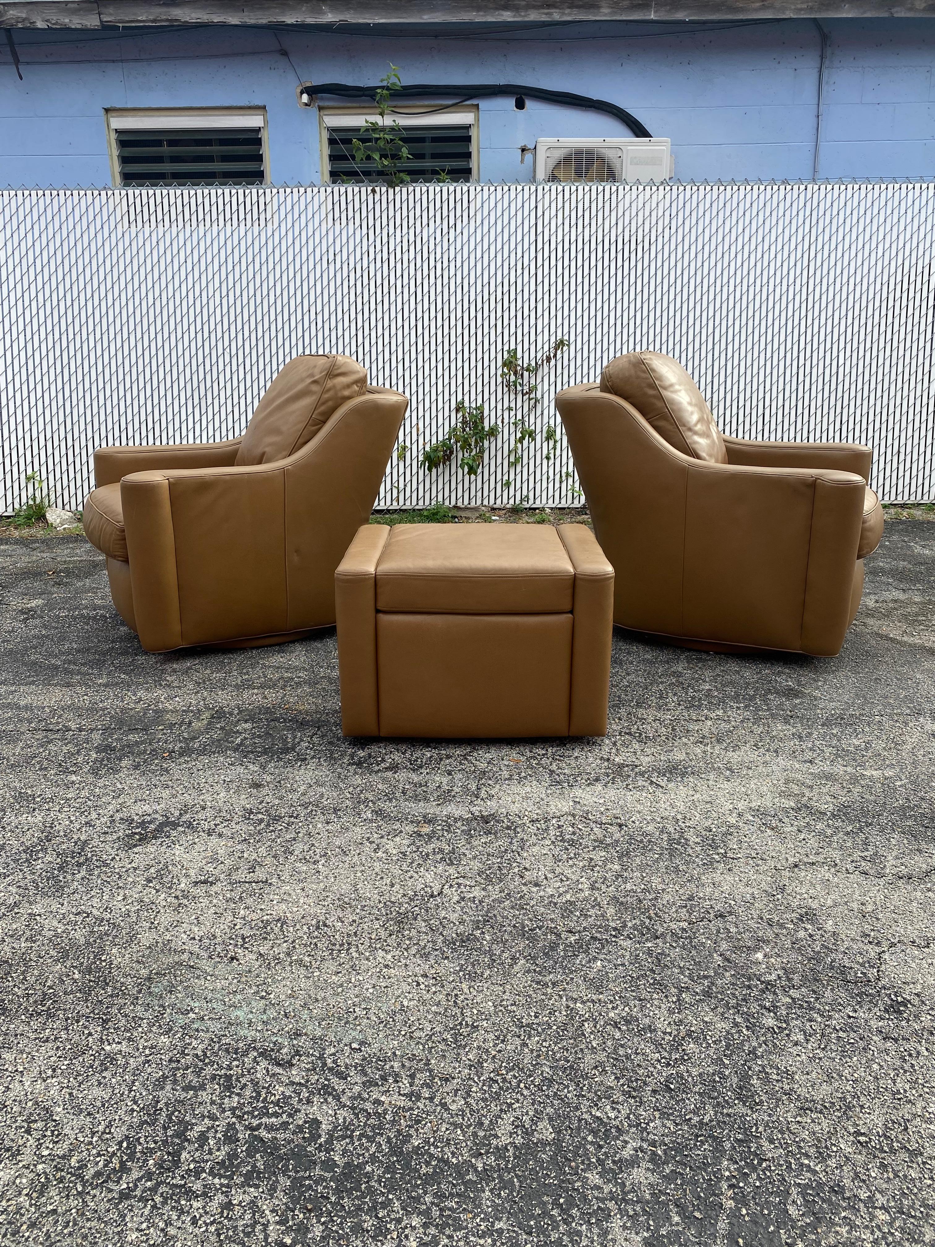 Late 20th Century 1990s Hancock & Moore Leather Swivel Chairs and Ottoman, Set of 3 For Sale
