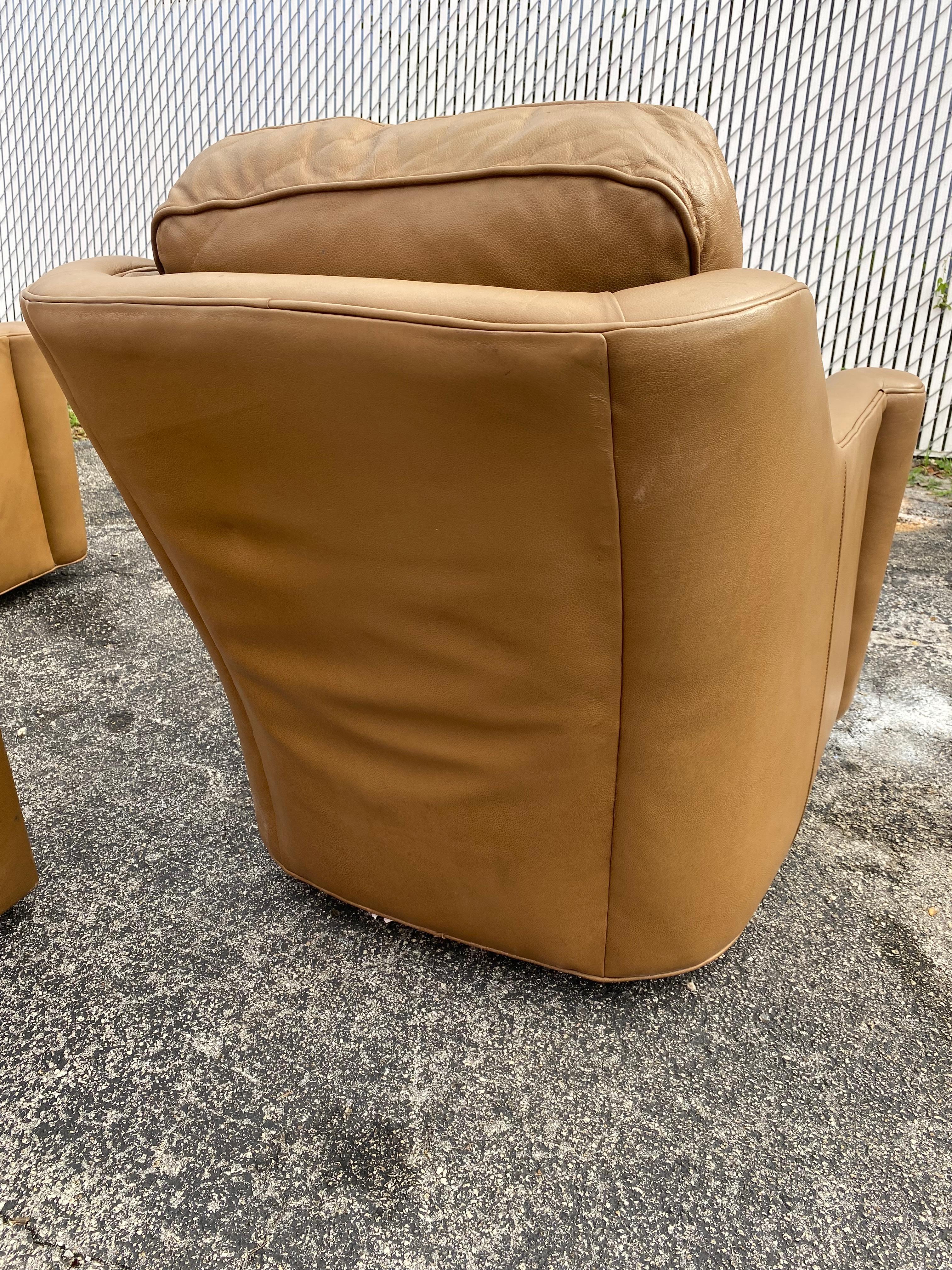 1990s Hancock & Moore Leather Swivel Chairs and Ottoman, Set of 3 For Sale 1