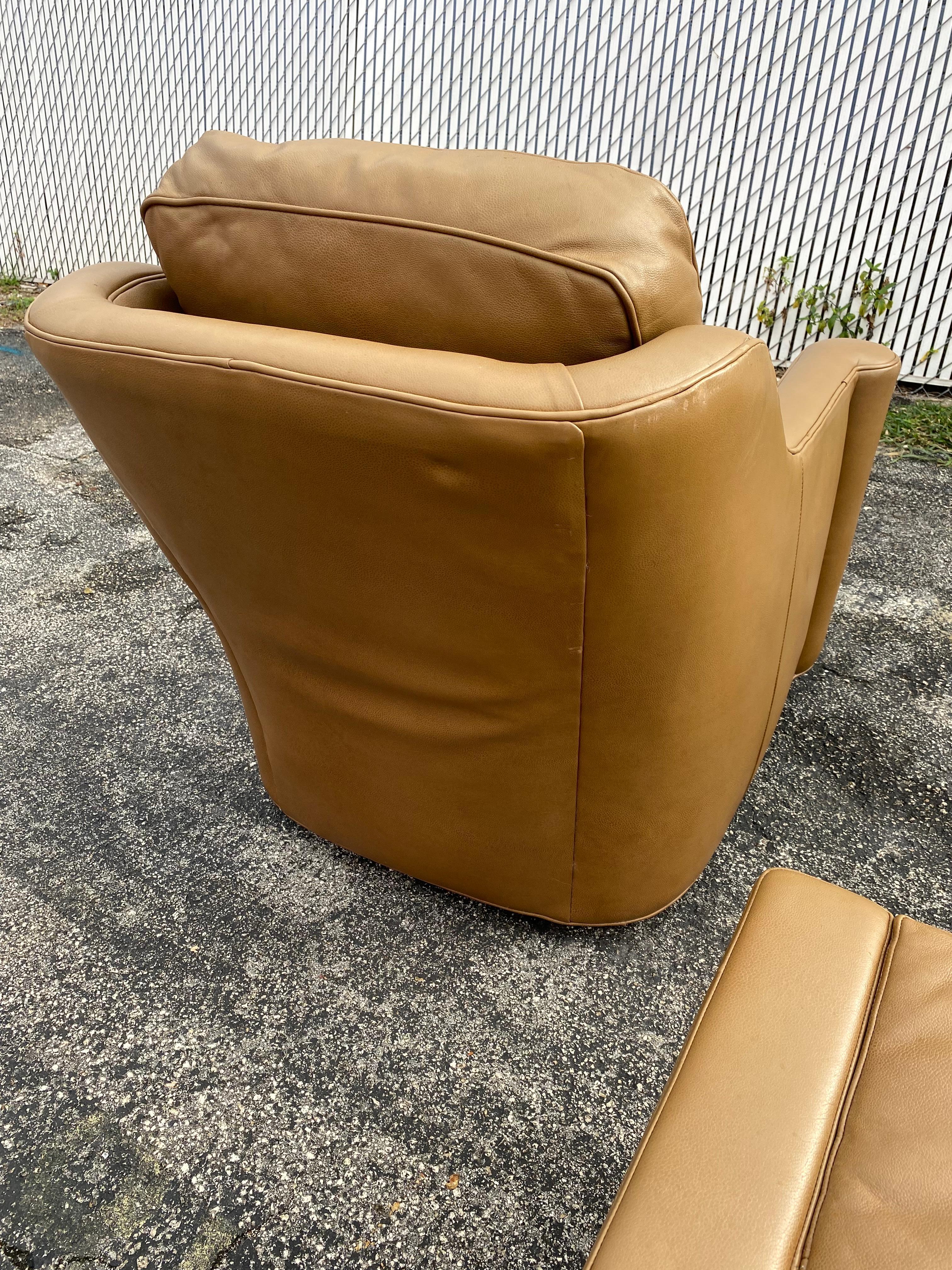 1990s Hancock & Moore Leather Swivel Chairs and Ottoman, Set of 3 For Sale 2