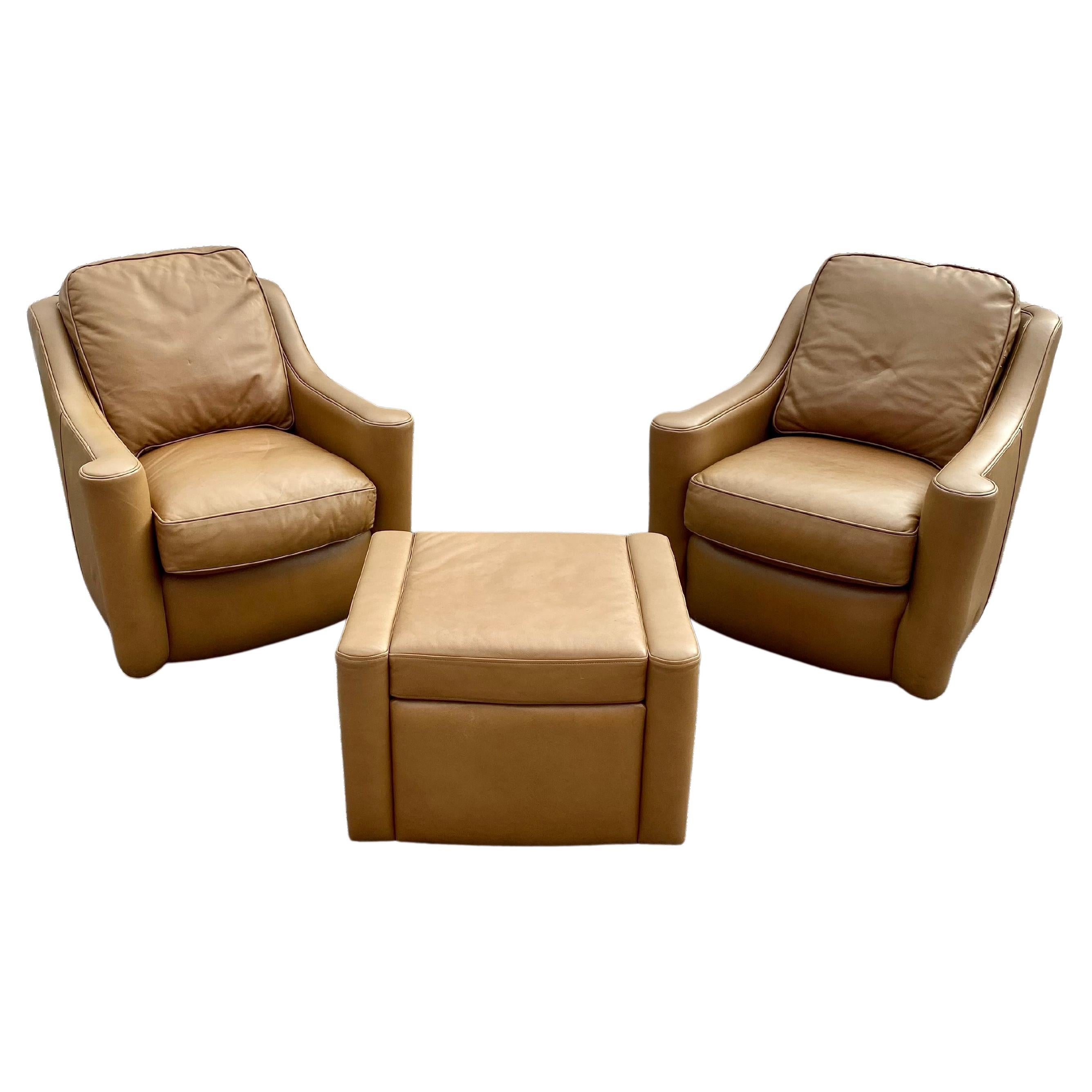 1990s Hancock & Moore Leather Swivel Chairs and Ottoman, Set of 3 For Sale